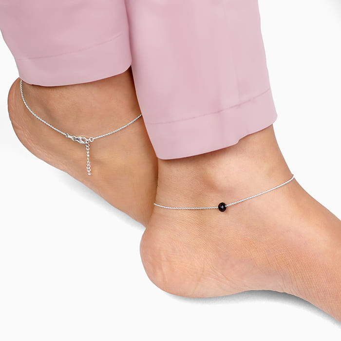 Silver Minimal Black Bead Anklet