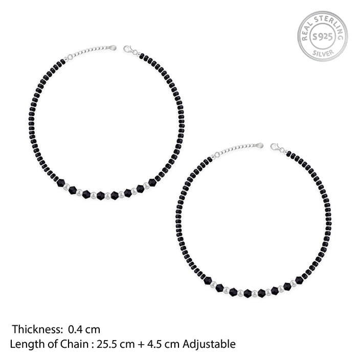 Silver Barefoot Black Beads Anklet