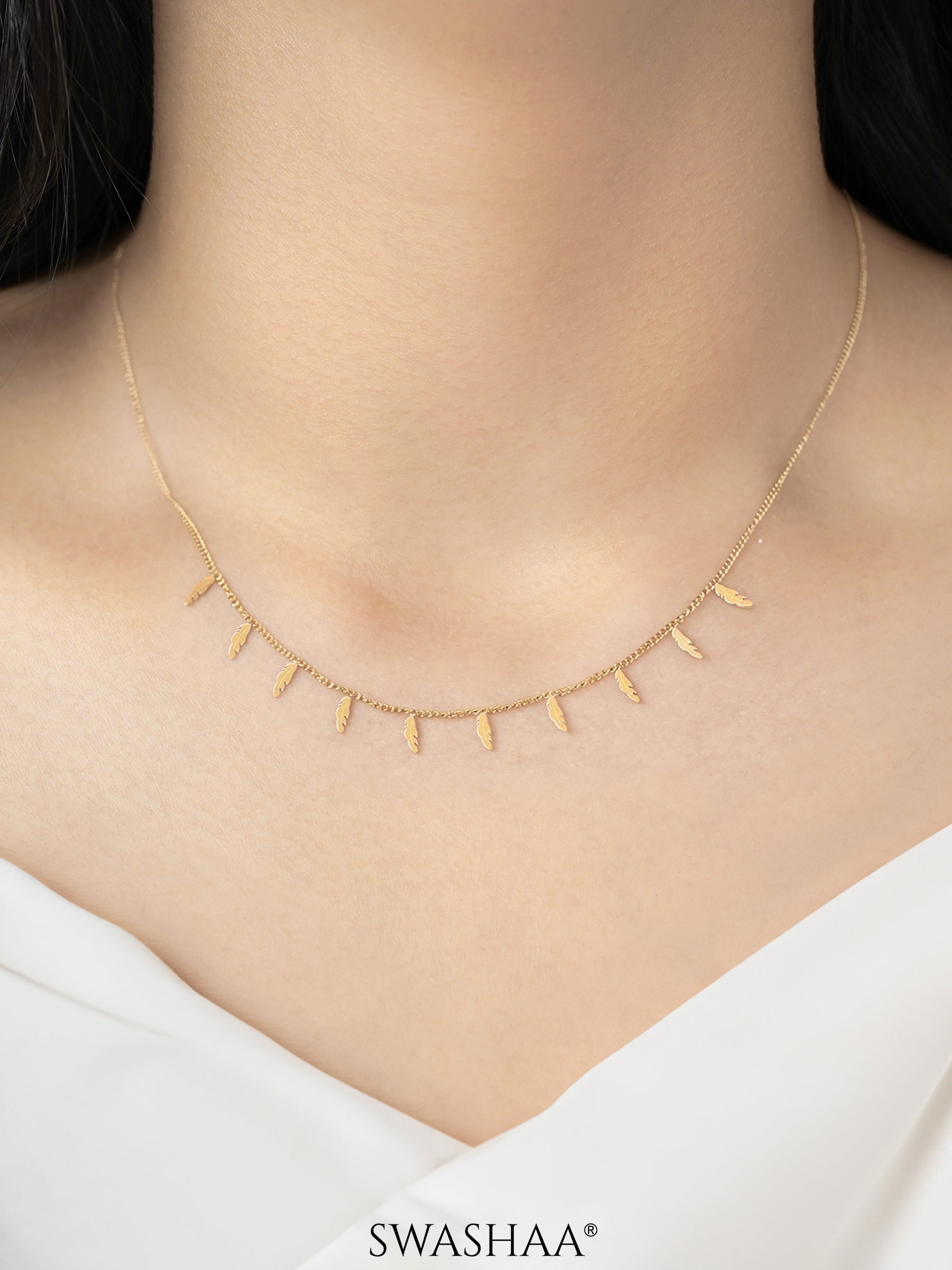 Alina Plume Feather Charms 18K Gold Plated Choker Necklace 