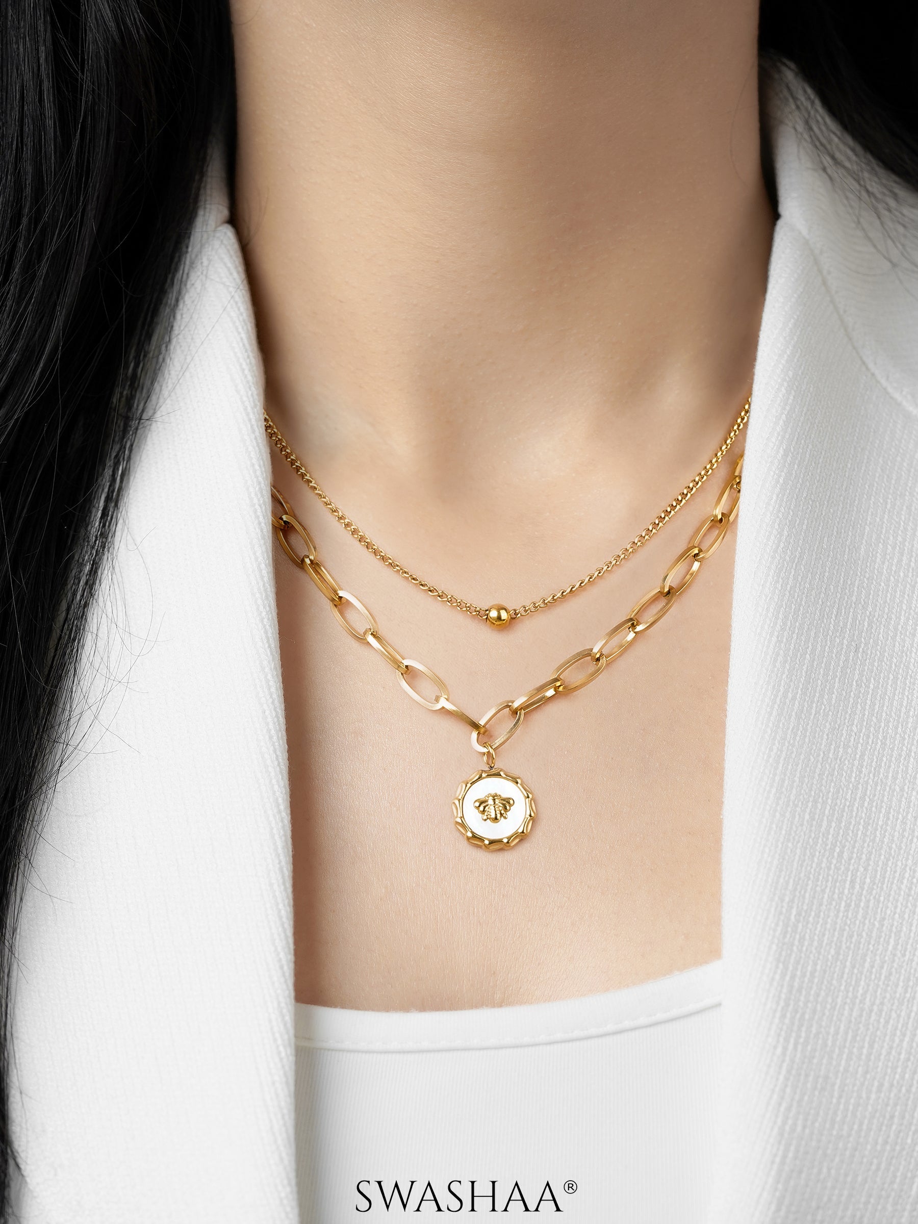 Ana 18K Gold Plated Bee Charm Layered Chain Pendant Necklace