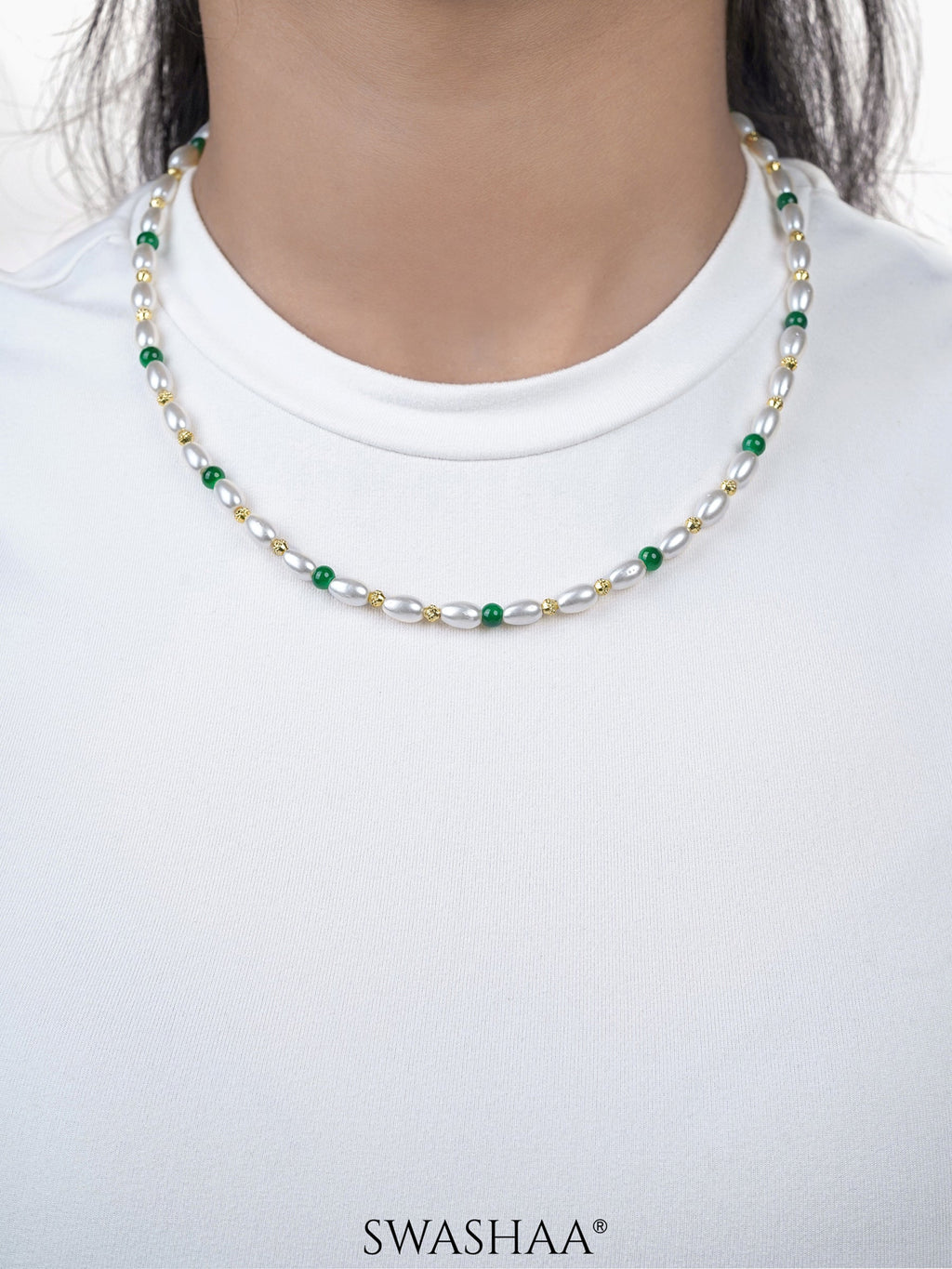 Aurel White Oval Pearl Green Round Beads 18K Gold Plated Women's Chain