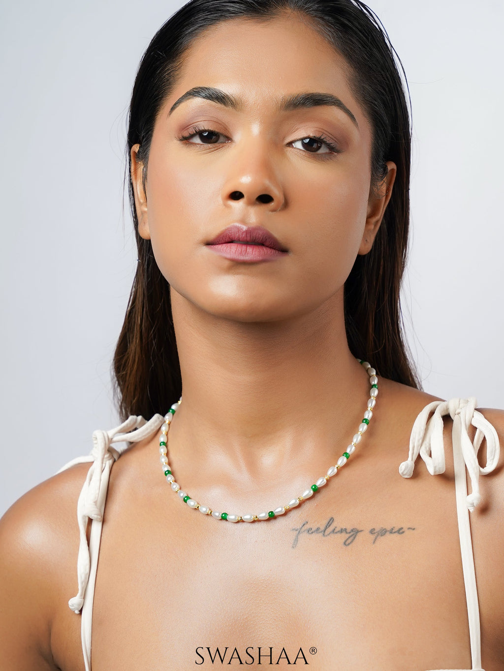 Aurel White Oval Pearl Green Gold Beads 18K Gold Plated Women's Chain
