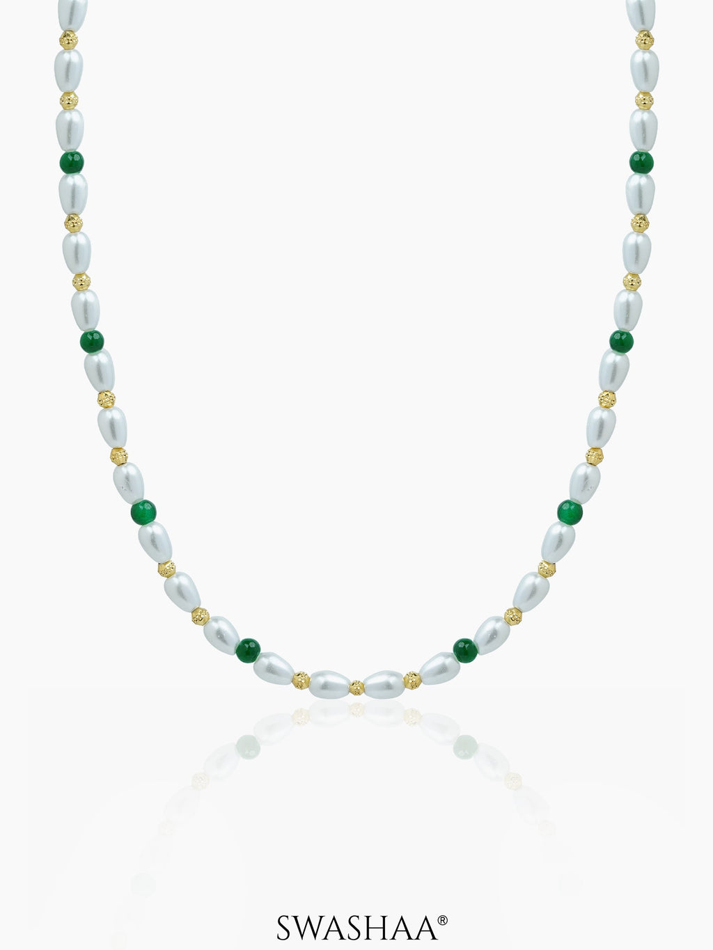 Aurel White Oval Pearl Green Round Beads 18K Gold Plated Women's Chain