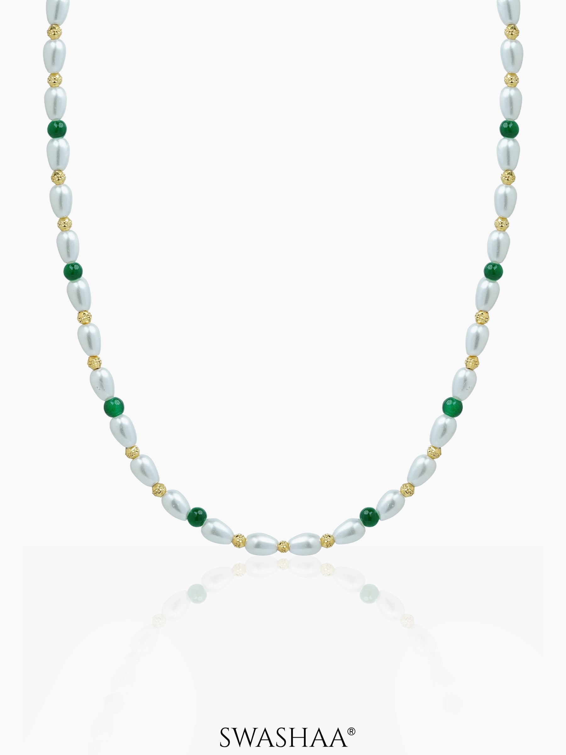 Aurel White Oval Pearl Green Round Beads 18K Gold Plated Women's Chain