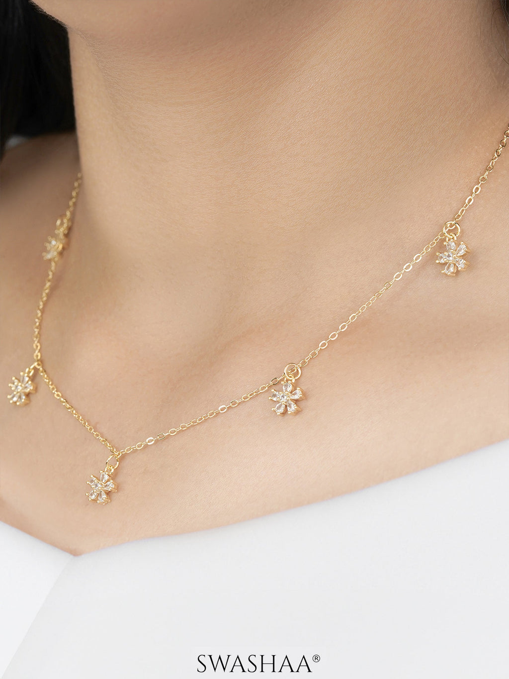 Blossomy Diamond Floral Flower Charms 14K Gold Plated Choker 