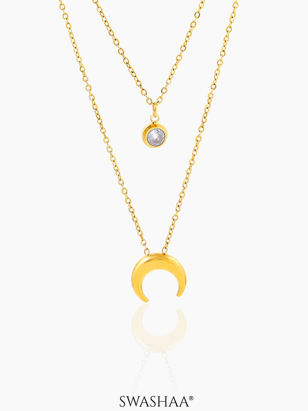 California Layered Diamond Moon Charm 18K Gold Plated Chain Pendant  Necklace