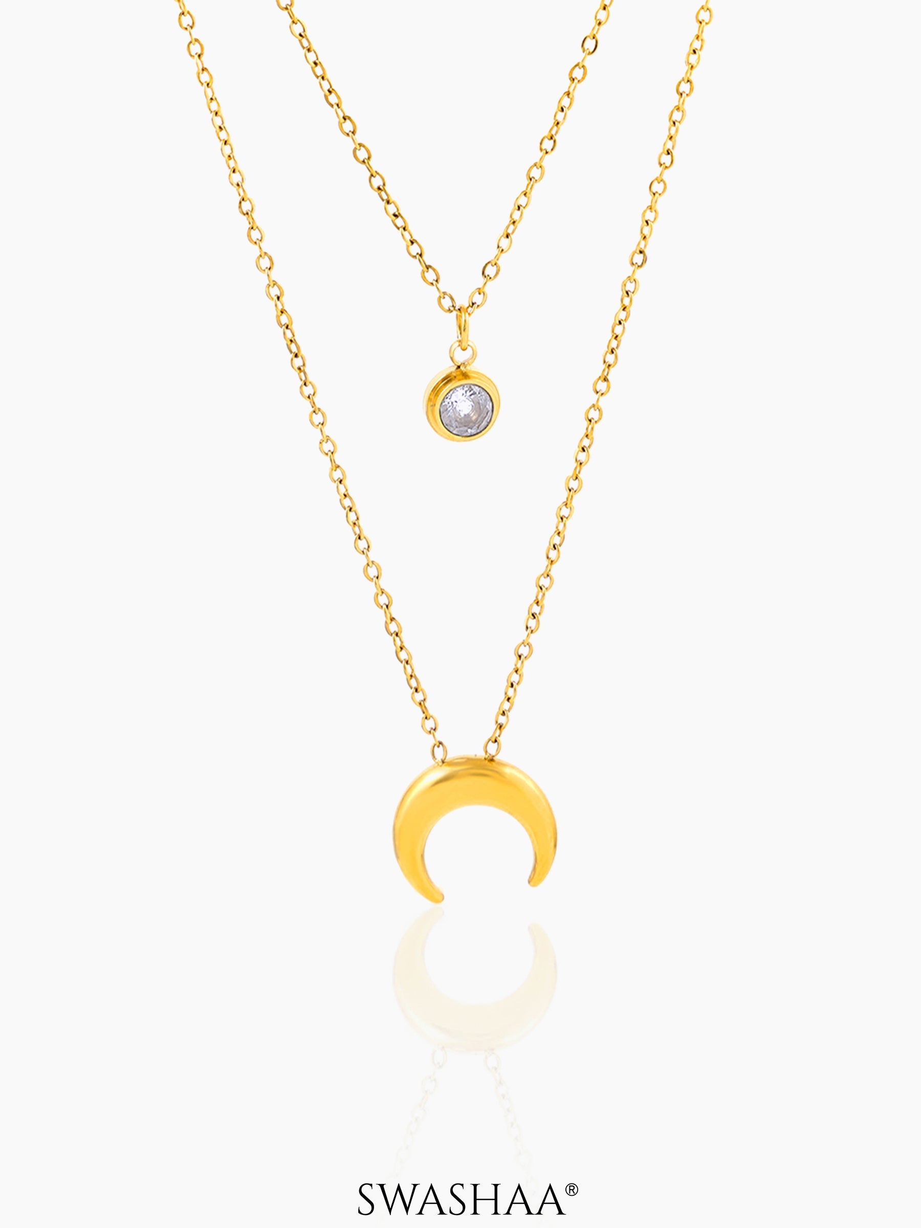 California Layered Diamond Moon Charm 18K Gold Plated Chain Pendant  Necklace