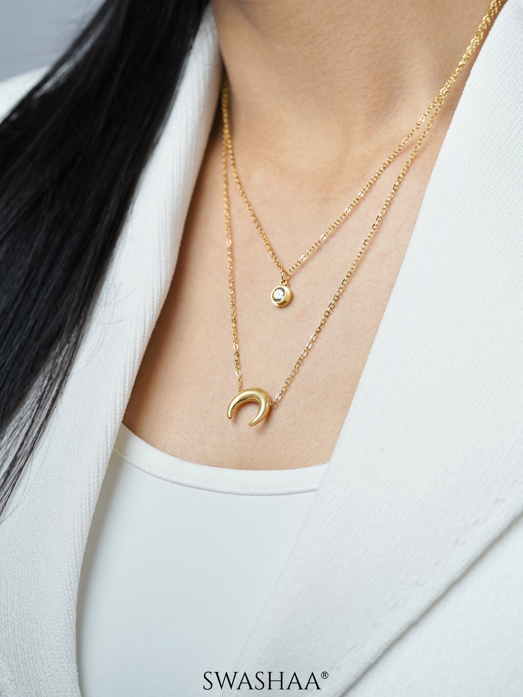California Layered Diamond Moon Charm 18K Gold Plated Chain Pendant  Necklace