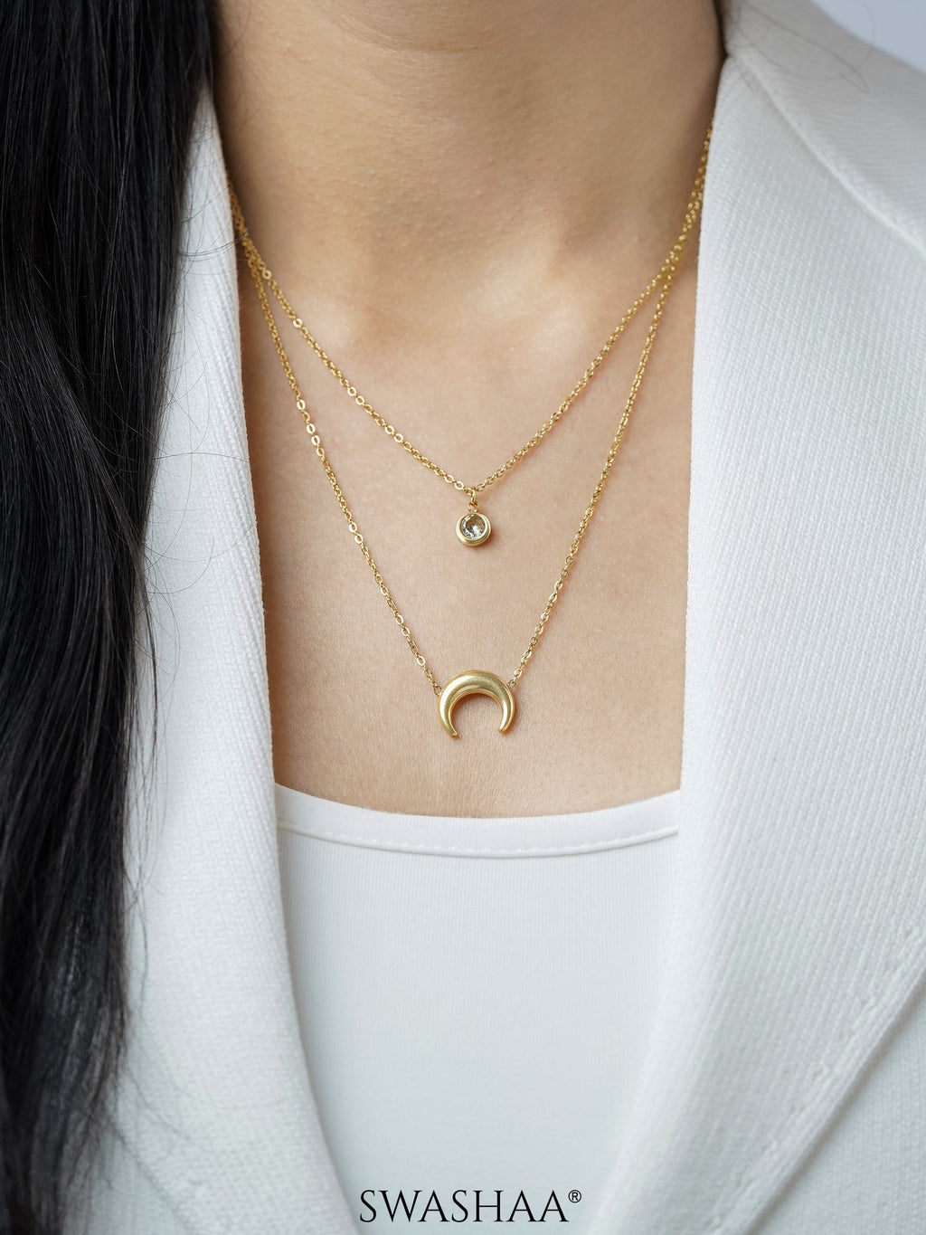 California Layered Diamond Moon Charm 18K Gold Plated Chain Pendant  Necklace