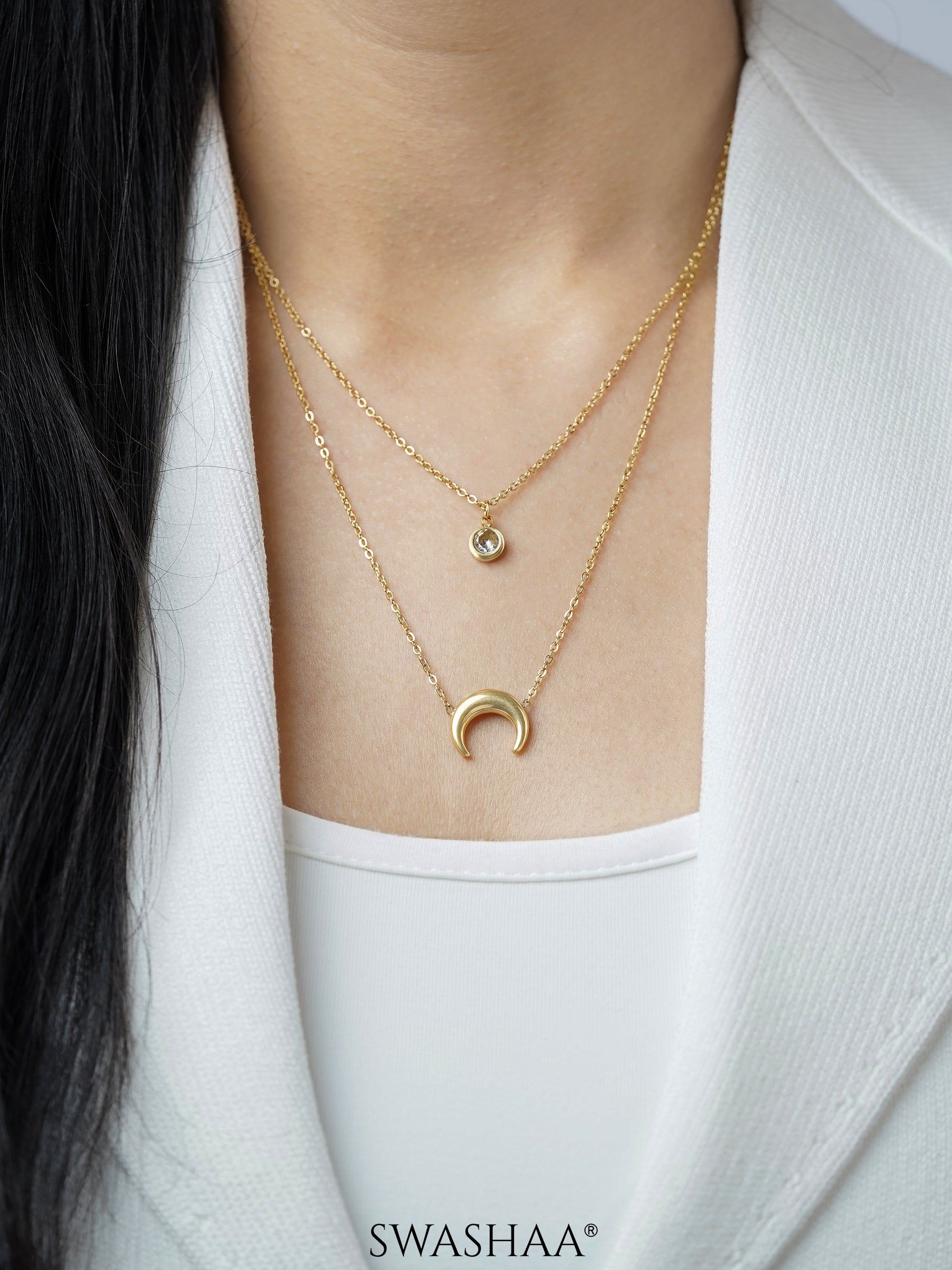 California Layered Diamond Moon Charm 18K Gold Plated Chain Pendant  Necklace