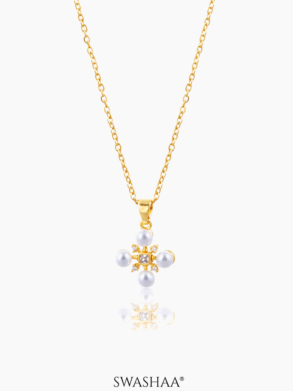 Dahlia Pearl Stones Charm 18K Gold Plated Cross Chain Pendant Necklace