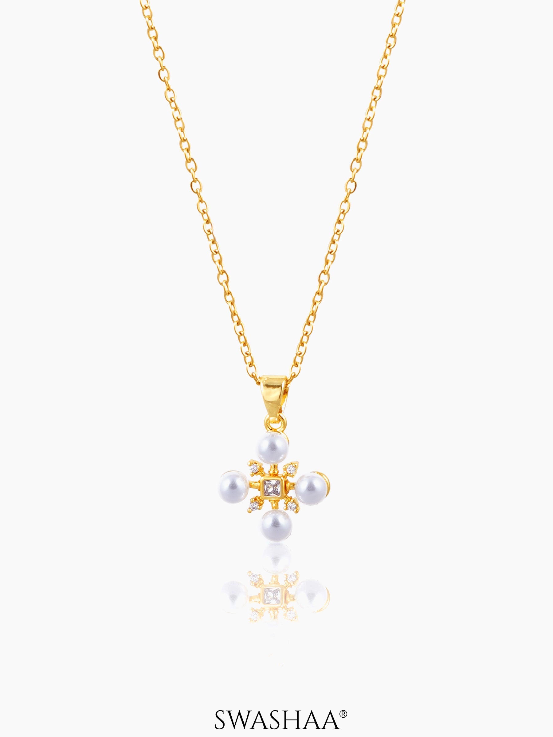 Dahlia Pearl Stones Charm 18K Gold Plated Cross Chain Pendant Necklace