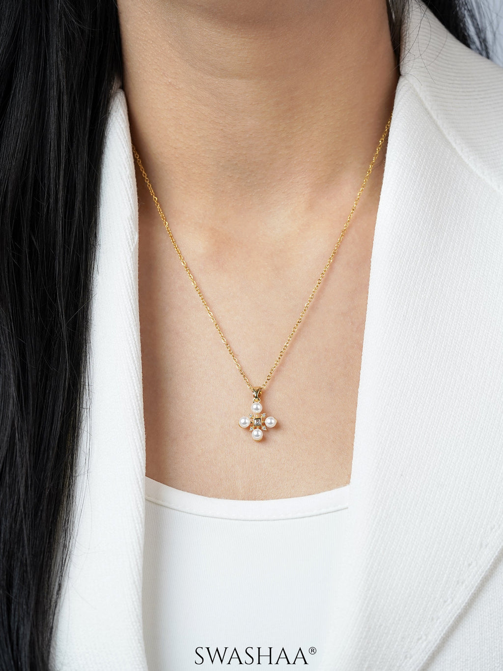Dahlia Pearl Stones Charm 18K Gold Plated Cross Chain Pendant Necklace