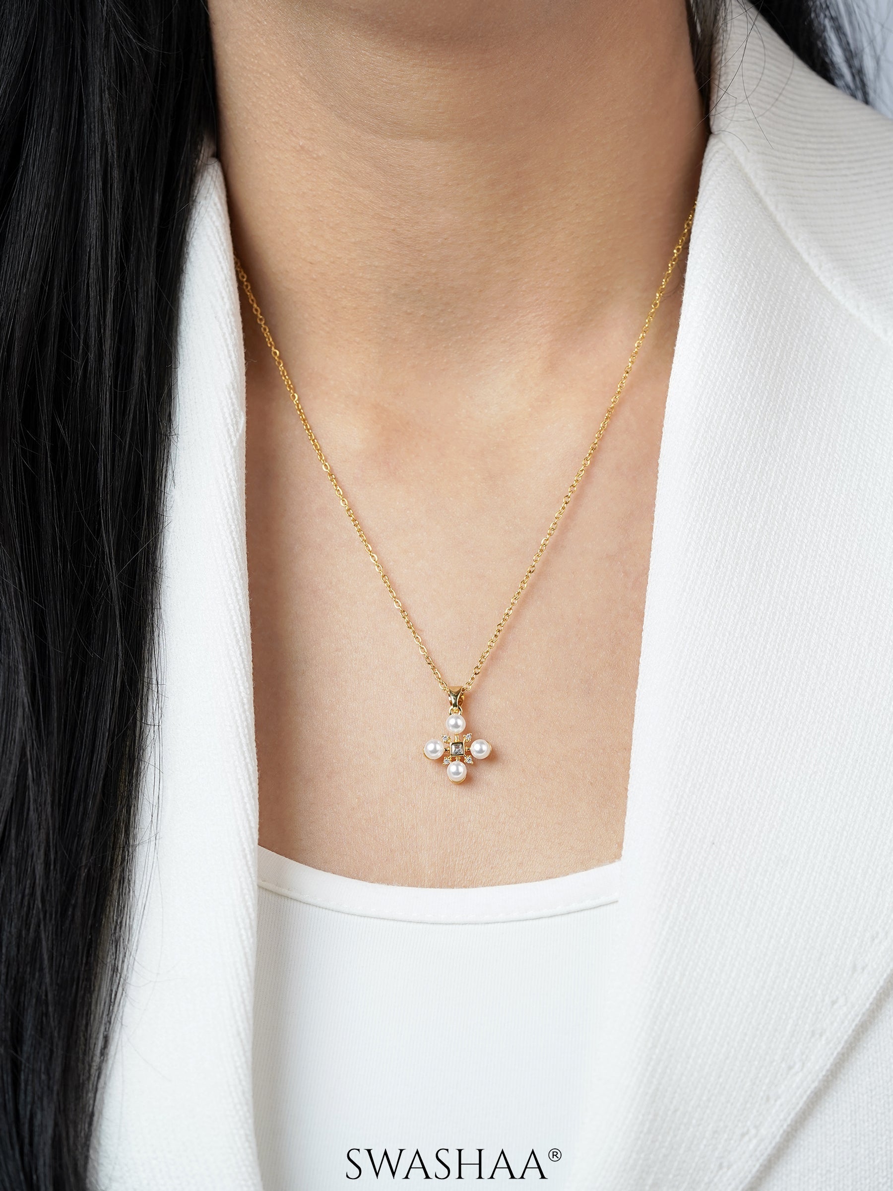 Dahlia Pearl Stones Charm 18K Gold Plated Cross Chain Pendant Necklace