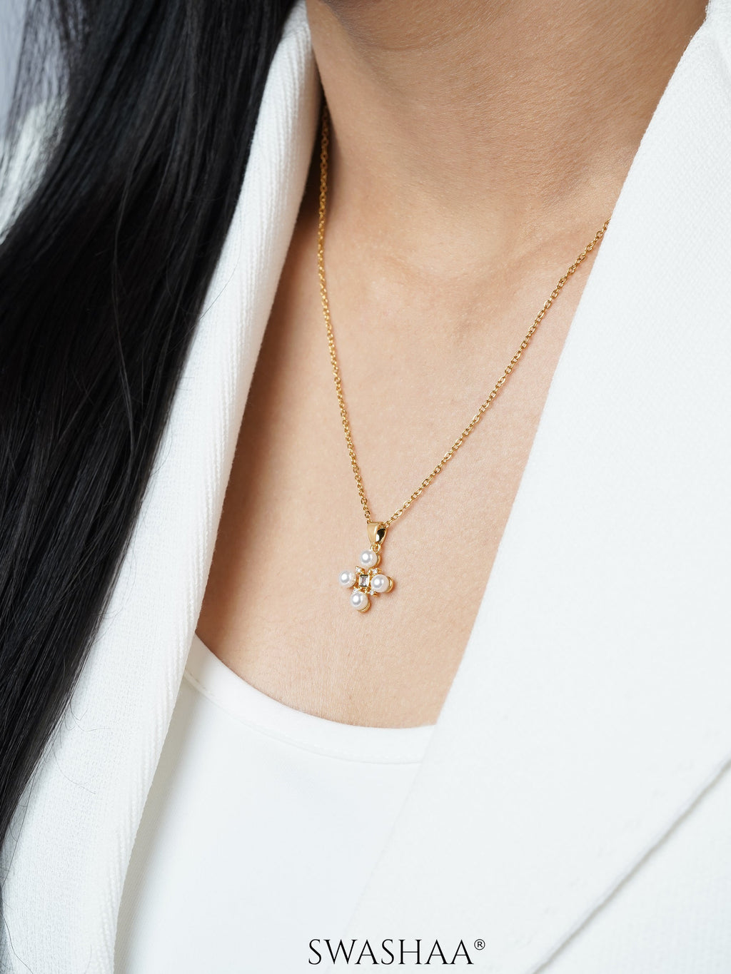 Dahlia Pearl Stones Charm 18K Gold Plated Cross Chain Pendant Necklace