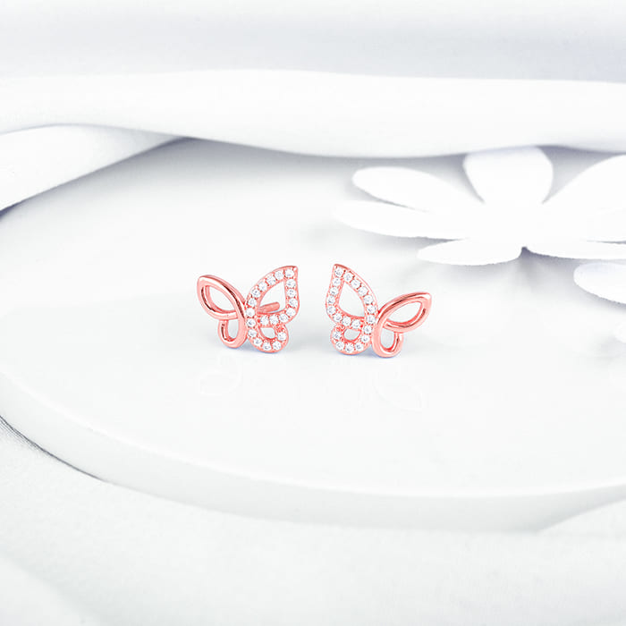 Rose Gold Zircon-Studded Butterfly Earrings