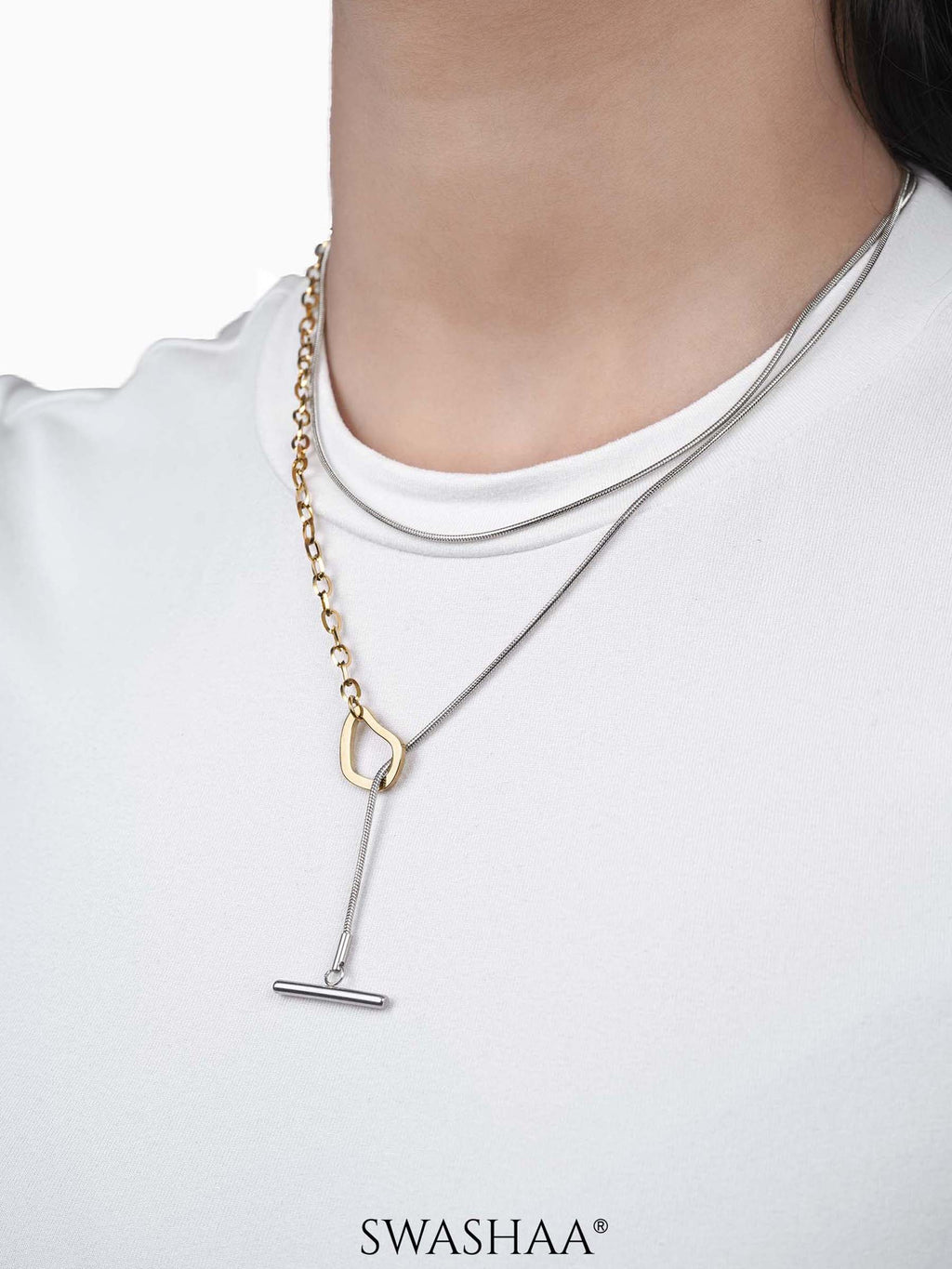 Eira Double Layered 18K Gold-Silver Two-Tone Toggle Clasp Chain Pendant Necklace