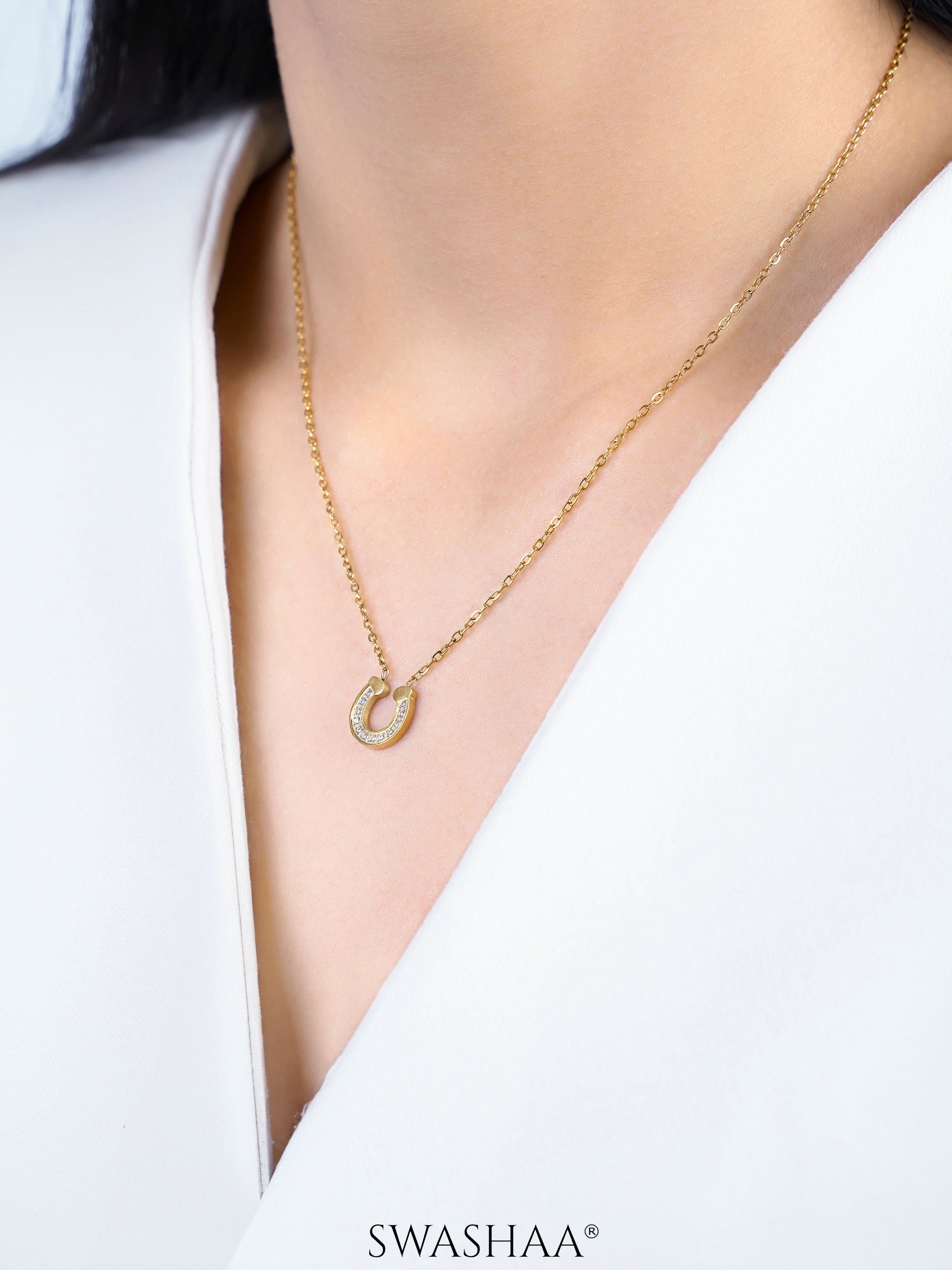 Elari Horseshoe CZ Diamond 18K Gold Plated Pendant Necklace