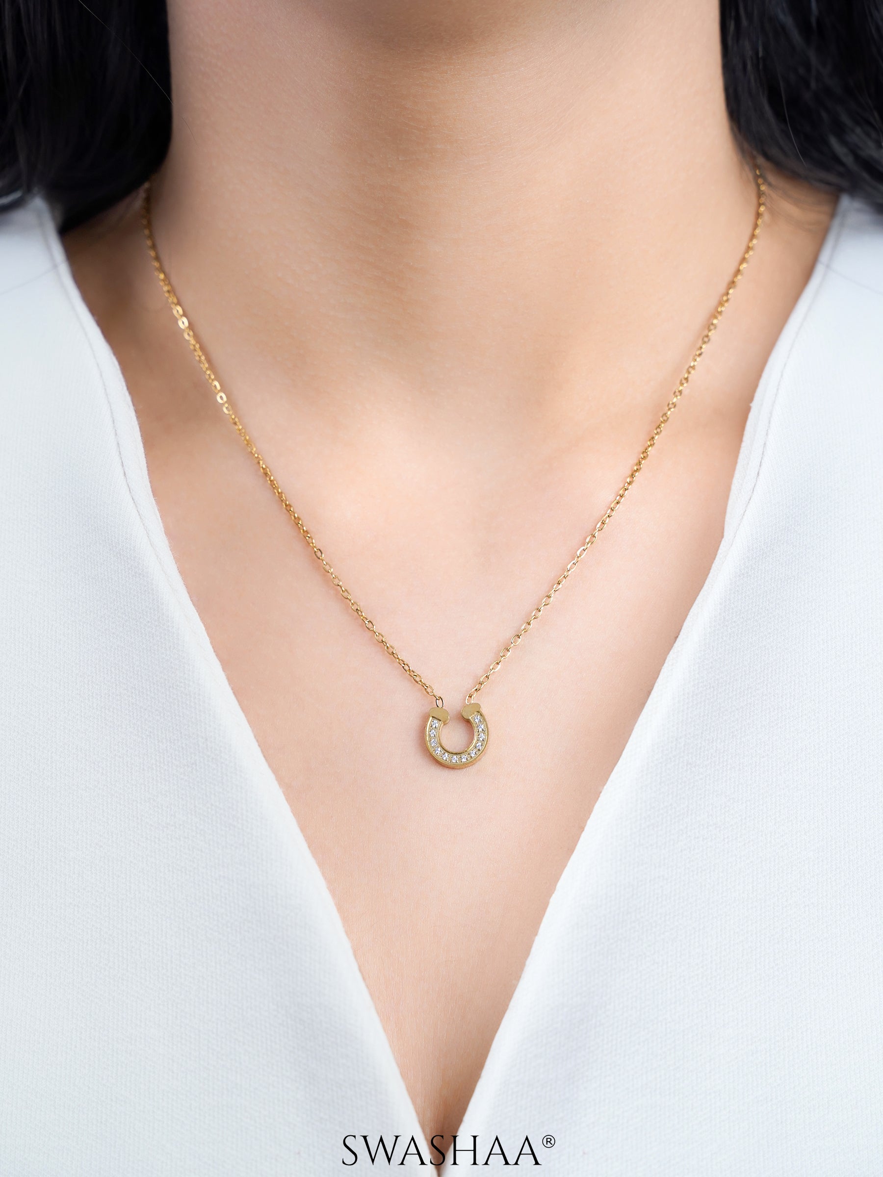 Elari Horseshoe CZ Diamond 18K Gold Plated Pendant Necklace