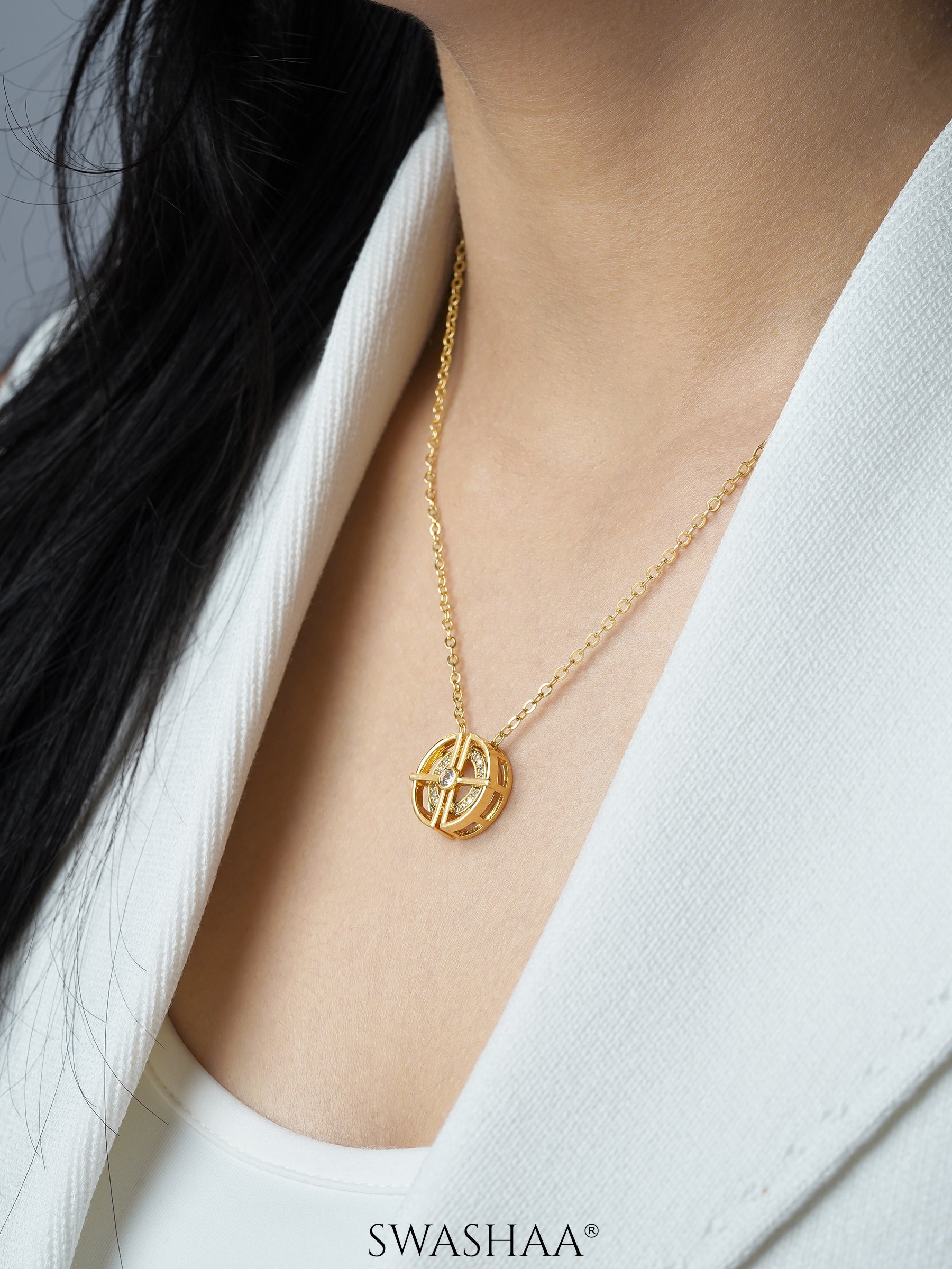 Hyni Diamond Round Charm18K Gold Plated Chain Pendant Necklace
