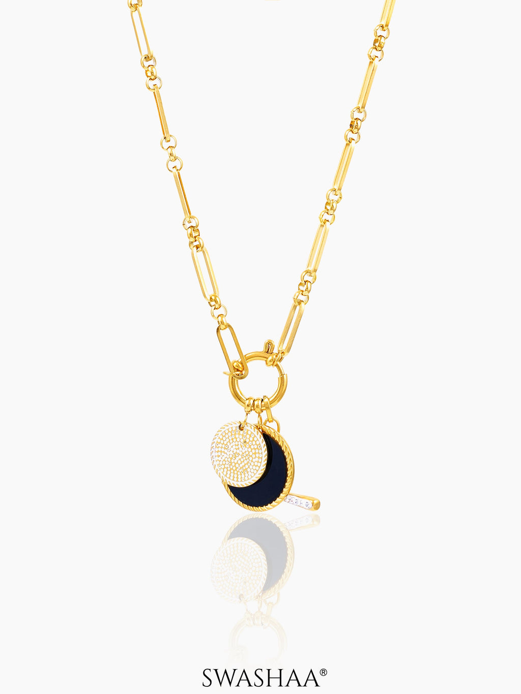 Selene Dual Coin Pave drop charms 18K Gold Plated Necklace