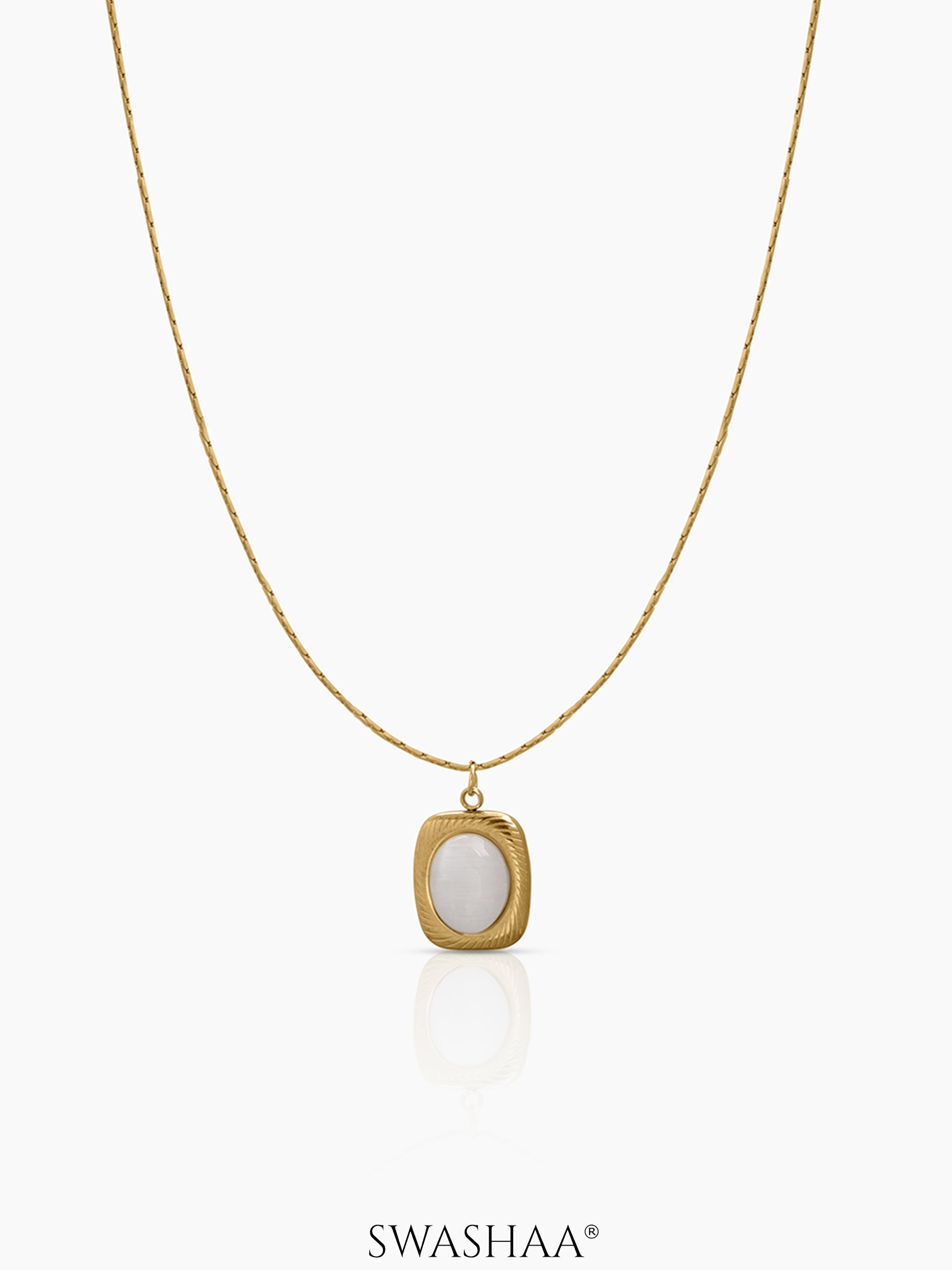 Jade Pearl Pendant With a Smooth White Oval Stone 18K Gold Plated Chain Pendant