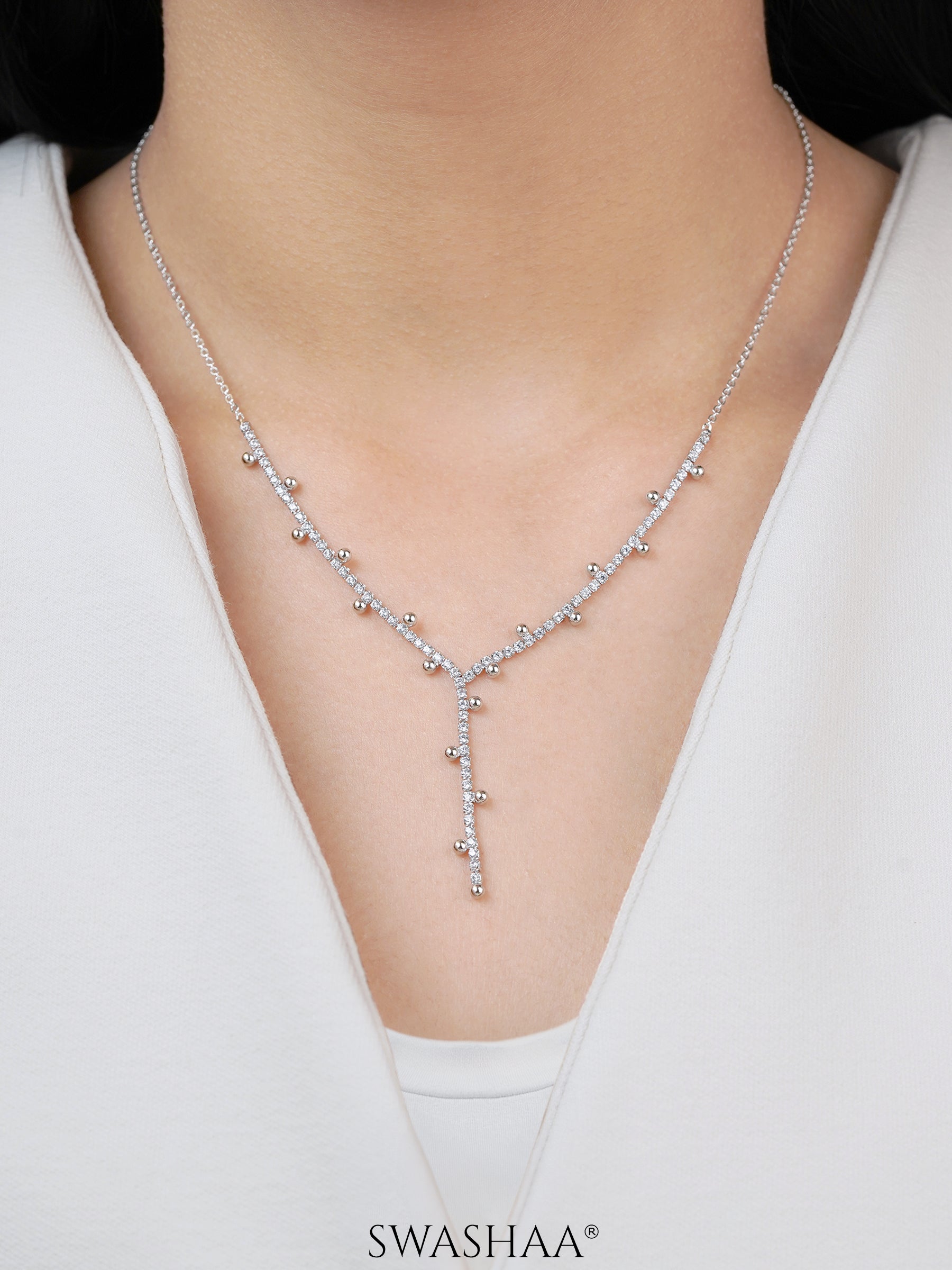 Jane Silver Beads Charms Diamonds Studded Y-shaped Chain Pendant  Necklace