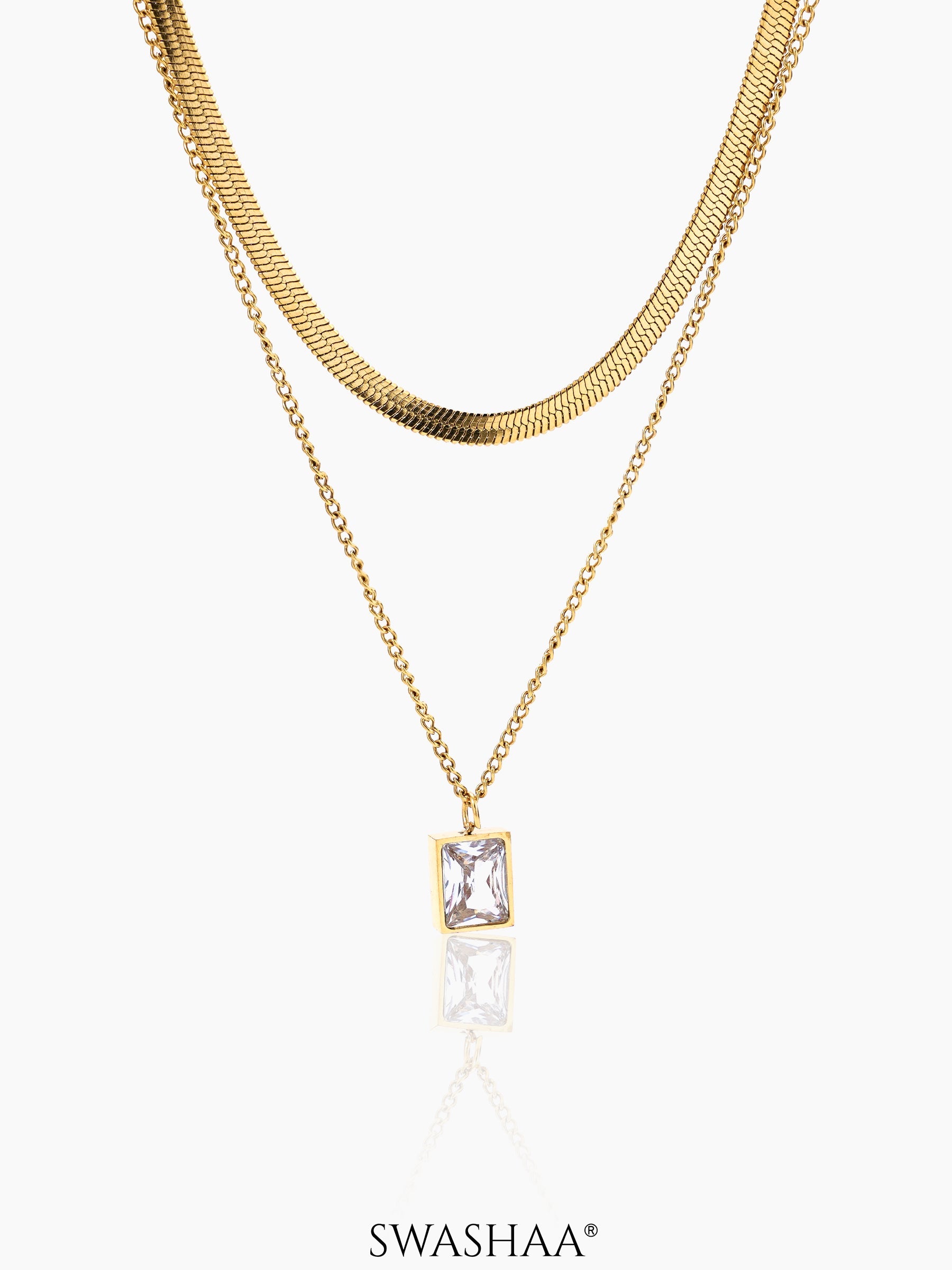 Layered Keri Solitaire 18K Gold Plated Snake Chain Pendant Necklace
