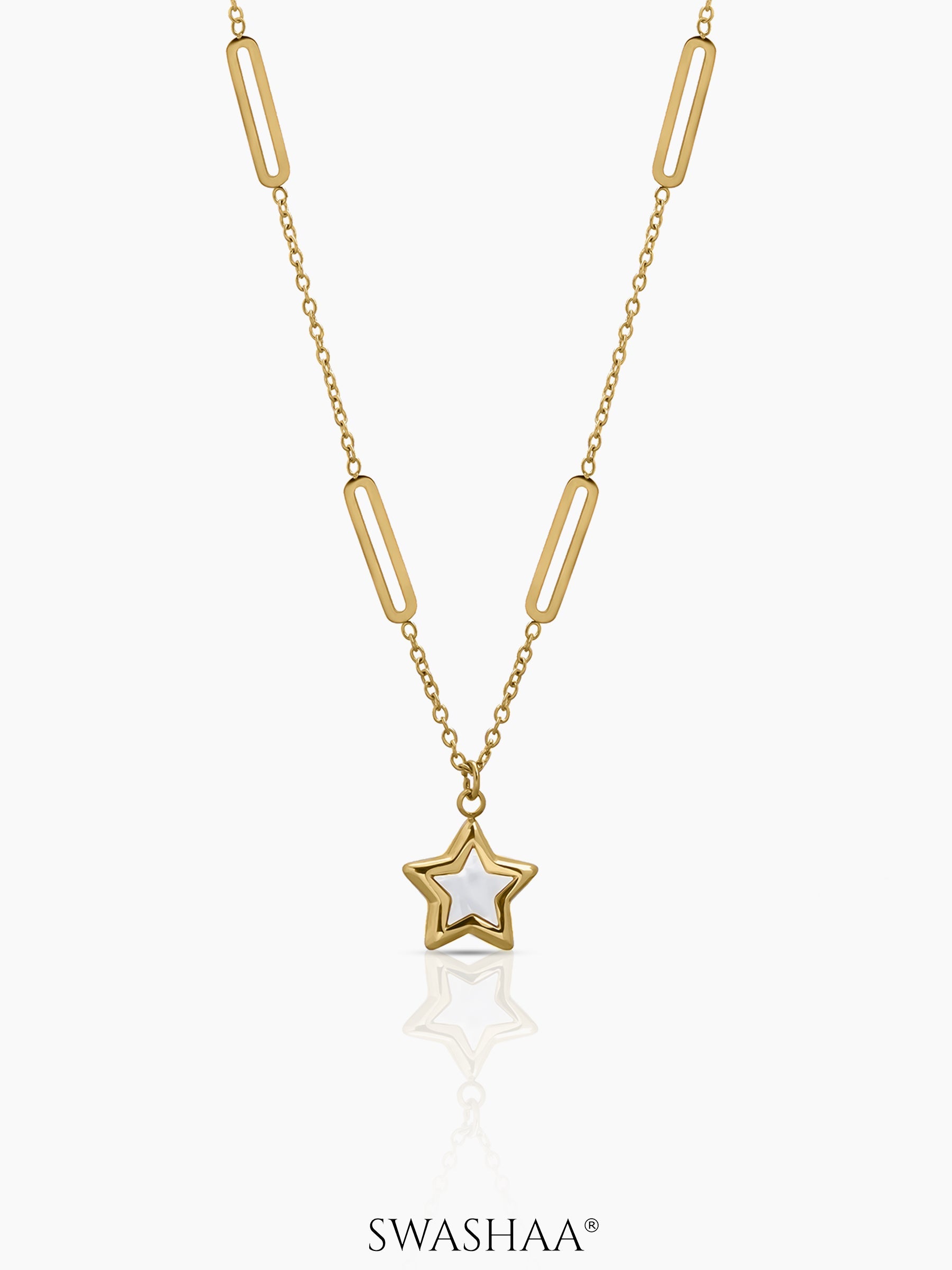 Lucy Celeste Star-Shaped Pendant With A Smooth White Inlay 18K Gold Plated Chain Penant