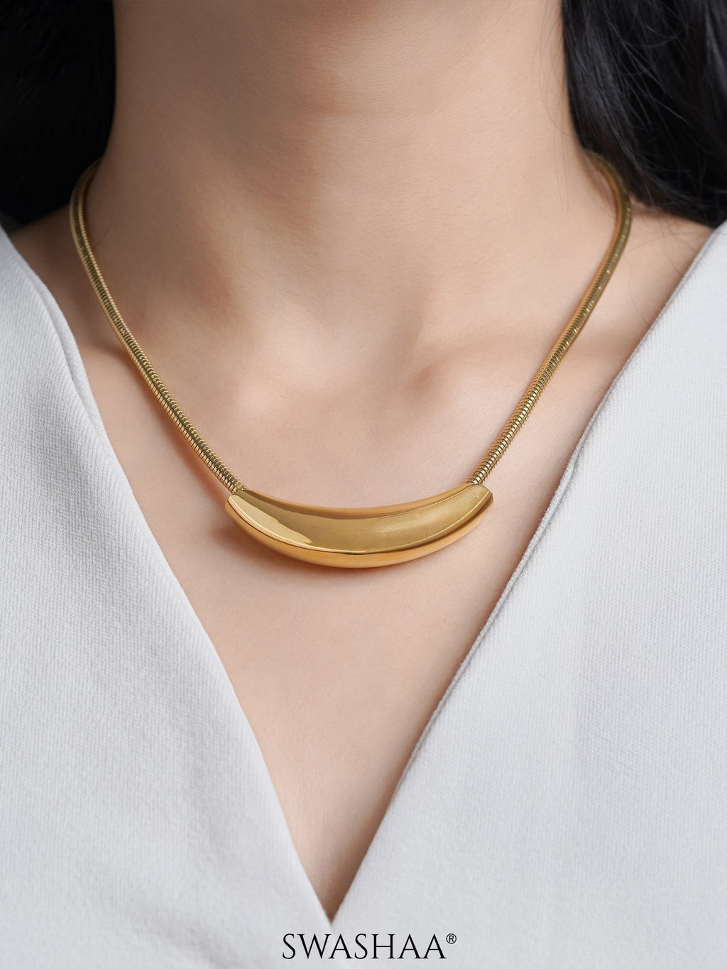 Luna Crescent Bold Charm Snake 18K Gold Plated Chain Necklace