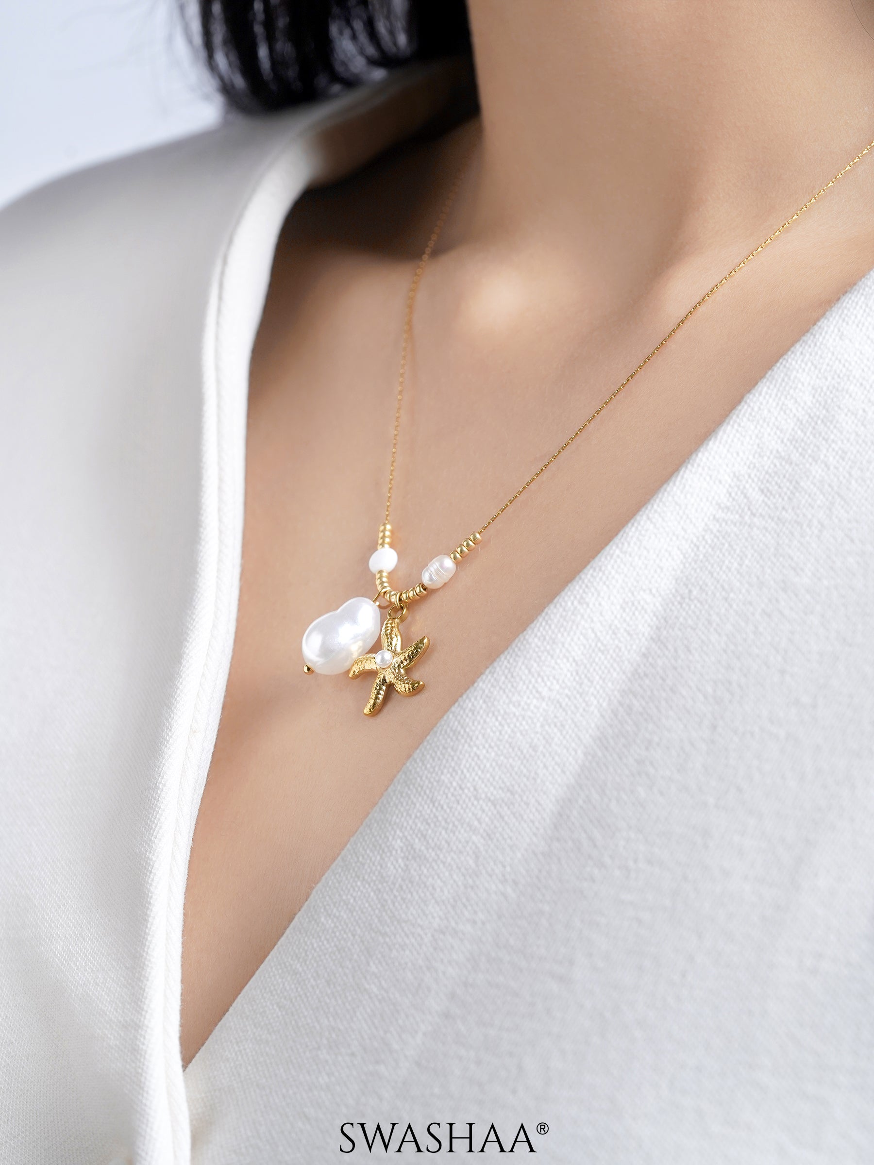 Marina Starfish & Pearl Charm Beads 18K Gold Plated Chain Pendant Necklace