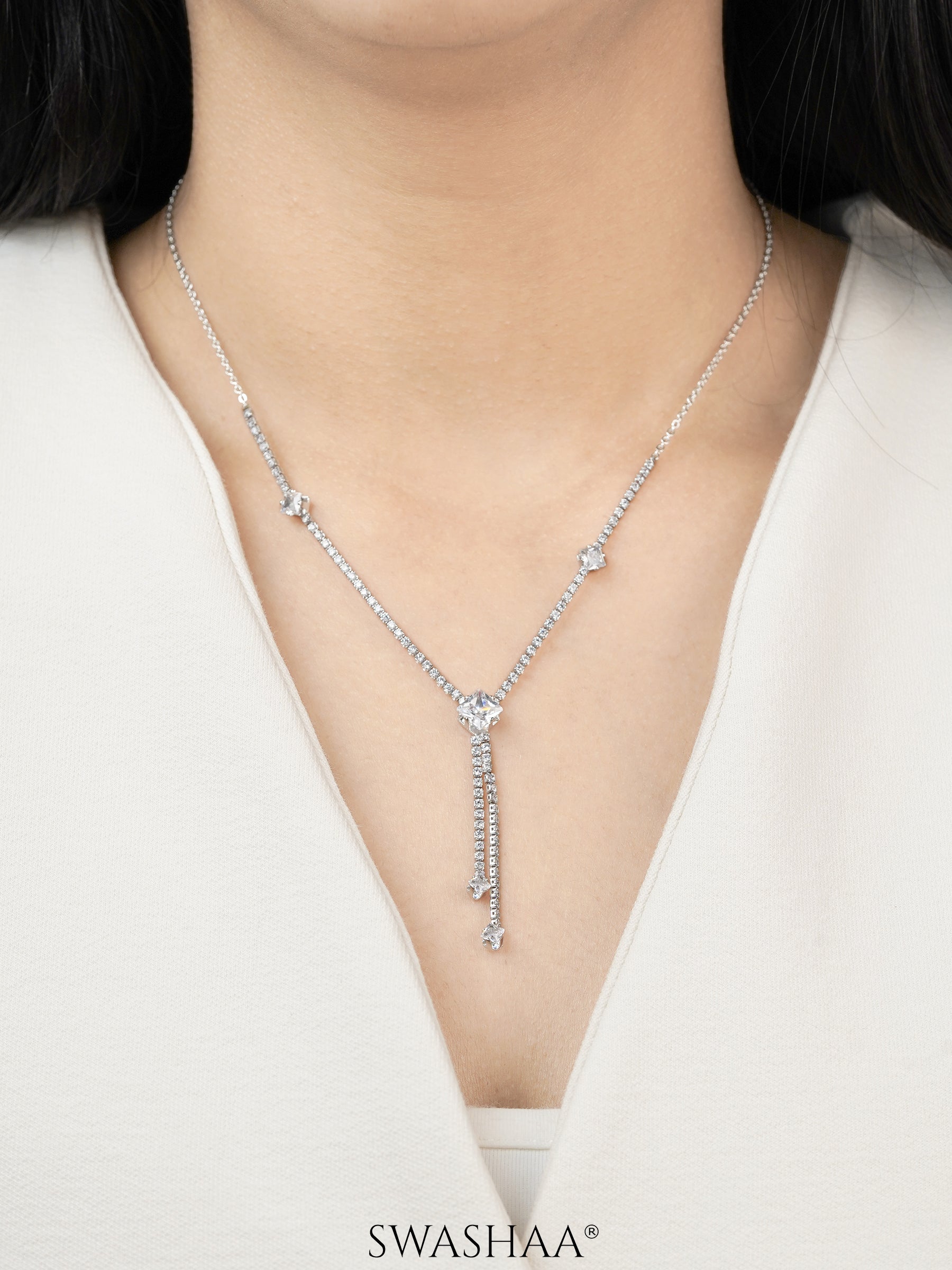 Mila Square Crystal Drop Y-shaped Silver Chain Pendant  Necklace