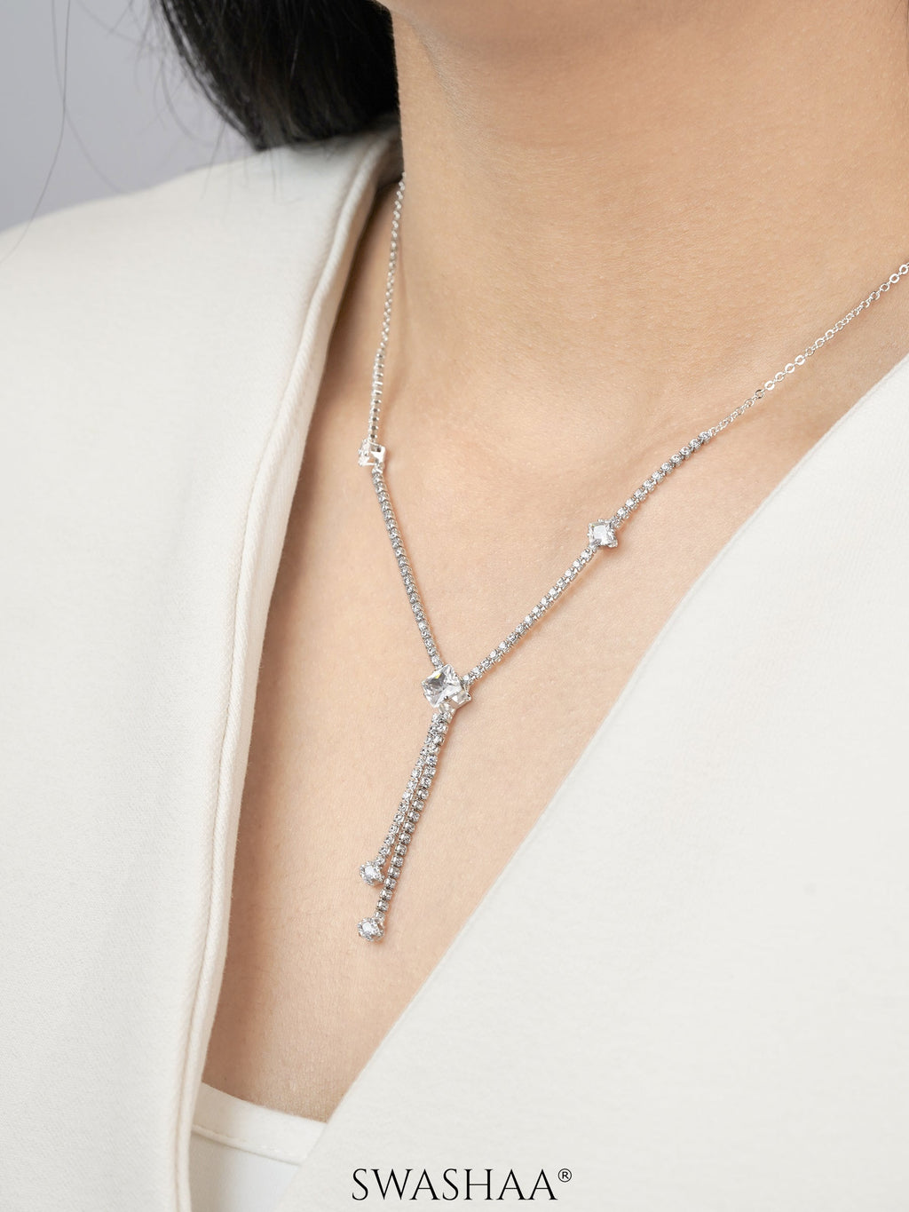 Mila Square Crystal Drop Y-shaped Silver Chain Pendant  Necklace