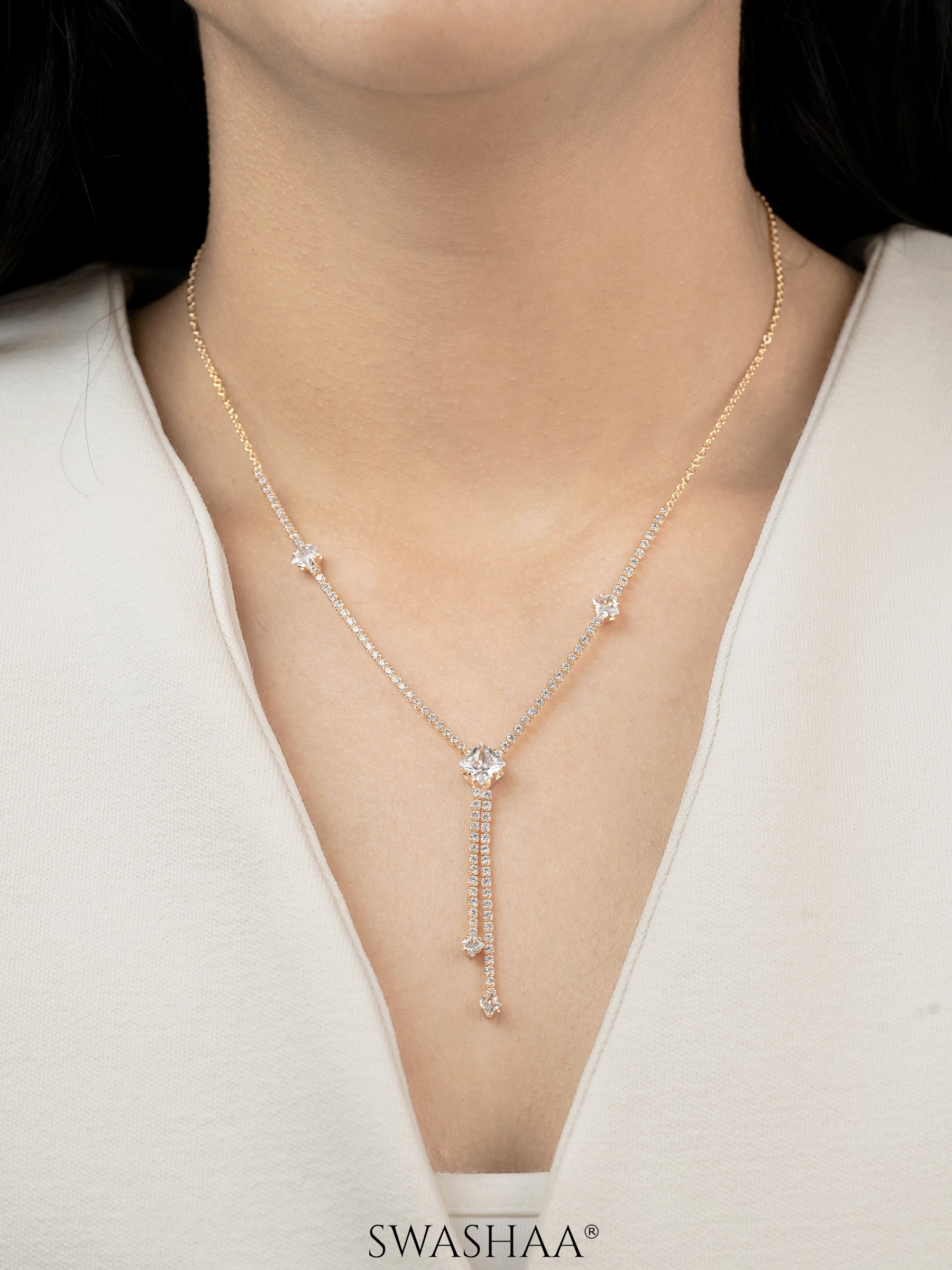 Mila Square Crystal Drop Y-shaped 18K Gold Plated Chain Pendant Necklace