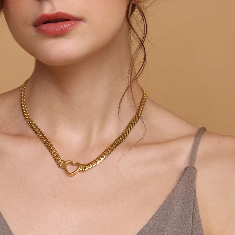 Cuban Chain Hollow Heart Necklace