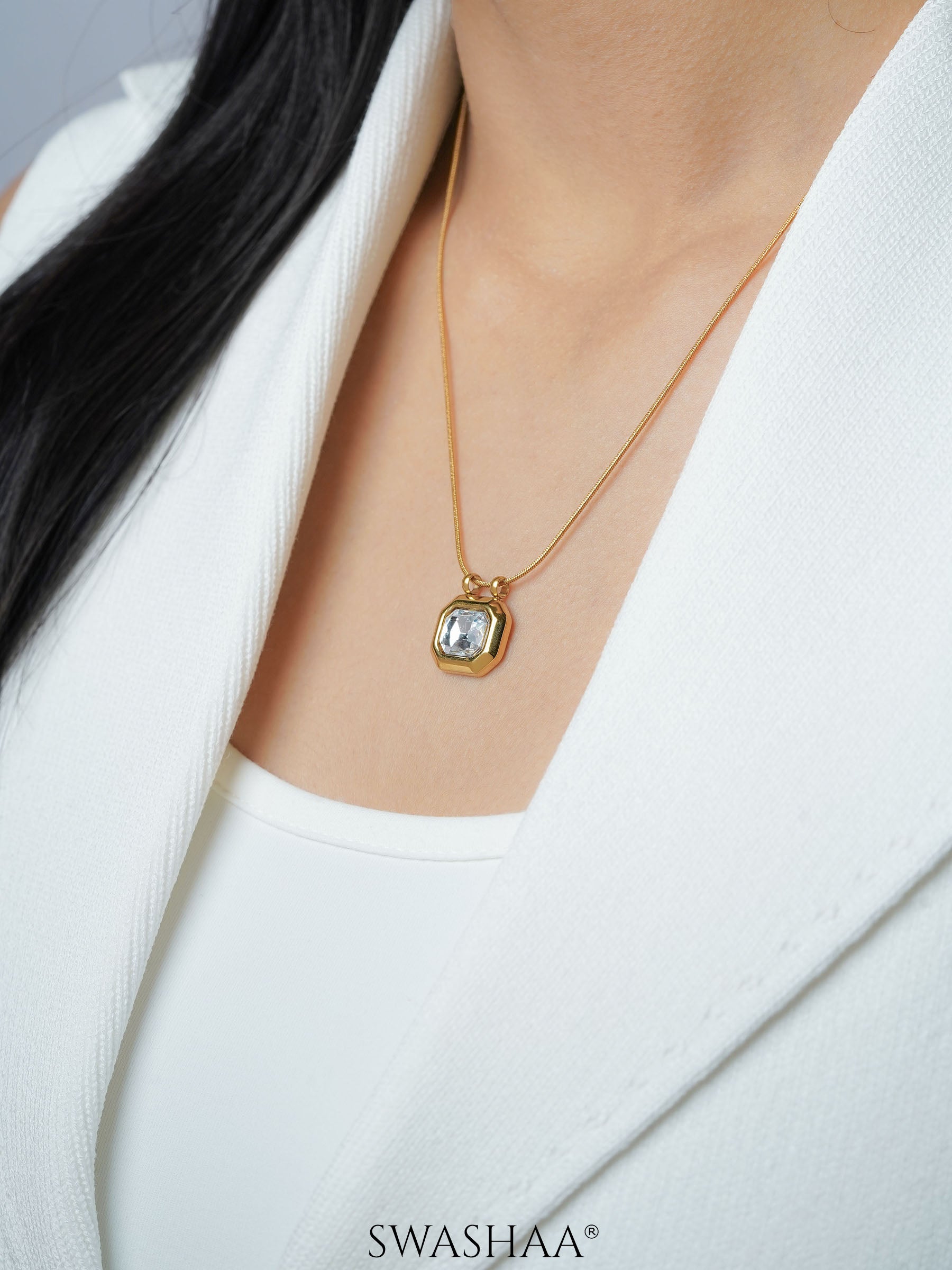 Opulent Solitaire Charm 18K Gold Plated Chain Pendant Necklace