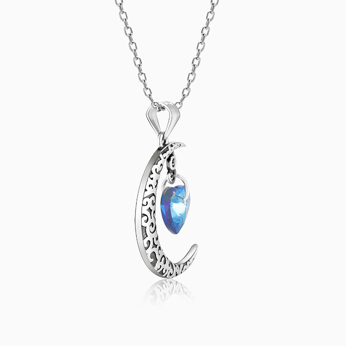 Oxidised Silver Moon Heart Pendant with Link Chain