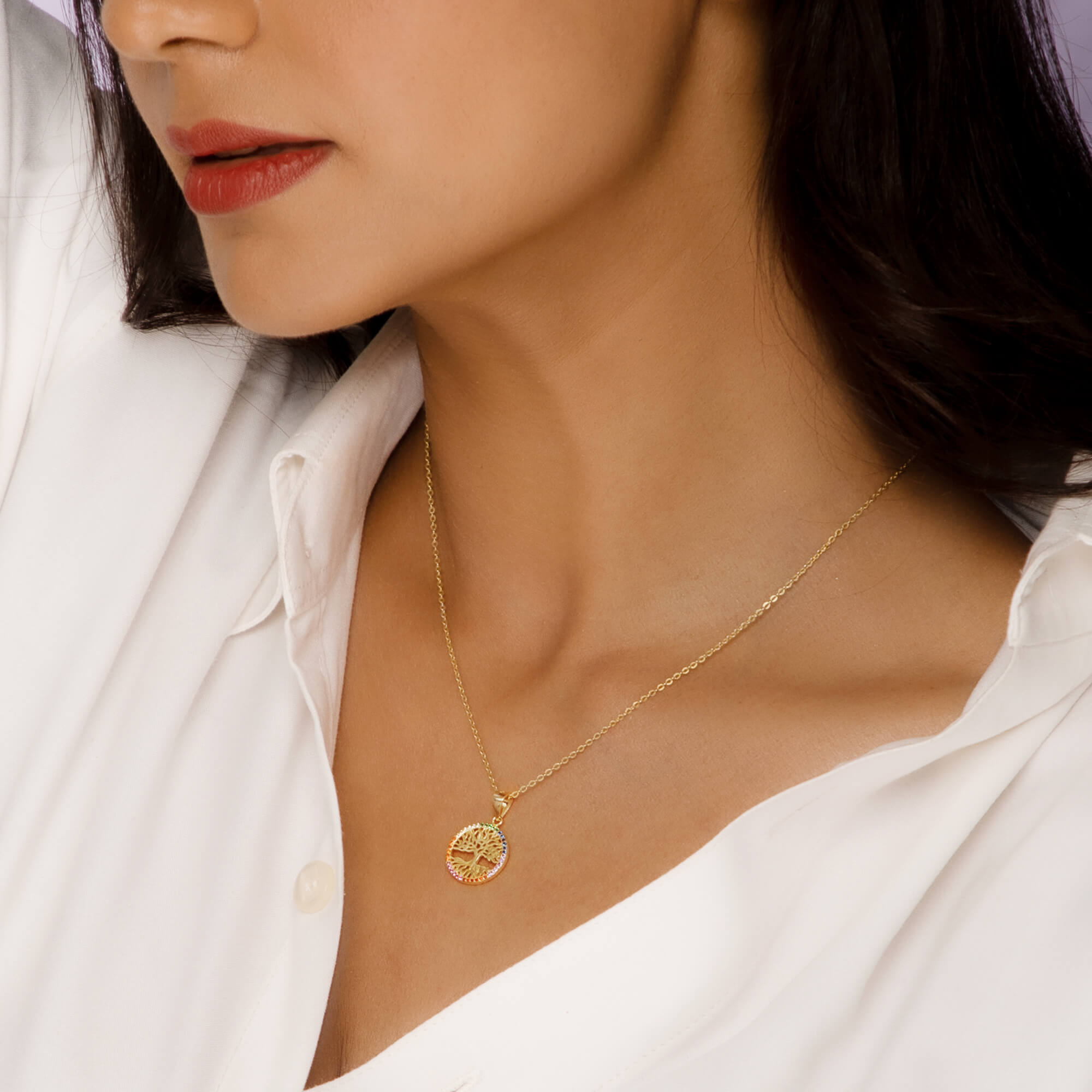 Golden Rainbow Tree of Life Pendant with Link Chain