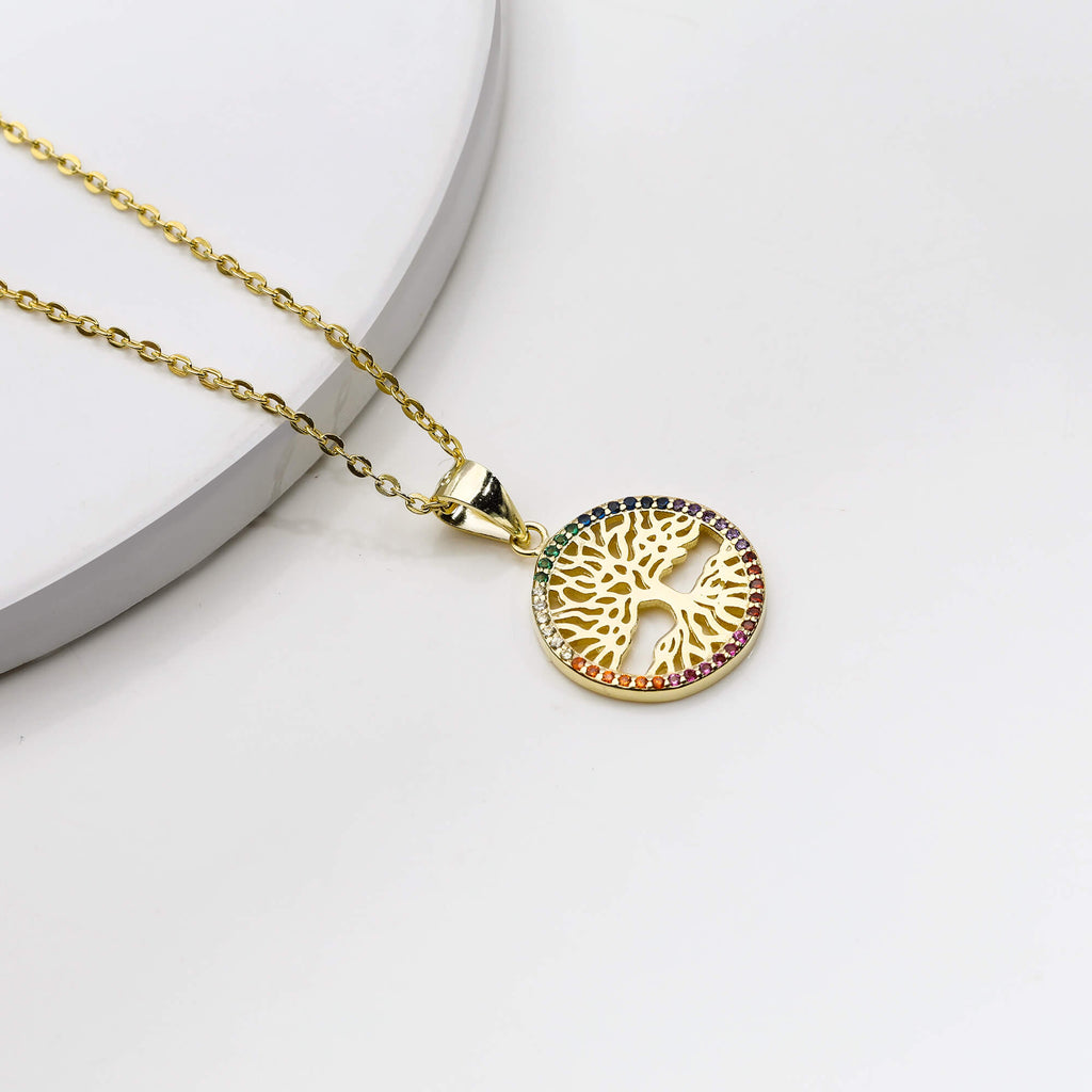 Golden Rainbow Tree of Life Pendant with Link Chain