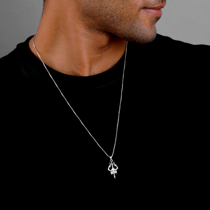 Silver Trishula Pendant with Box Chain For Him