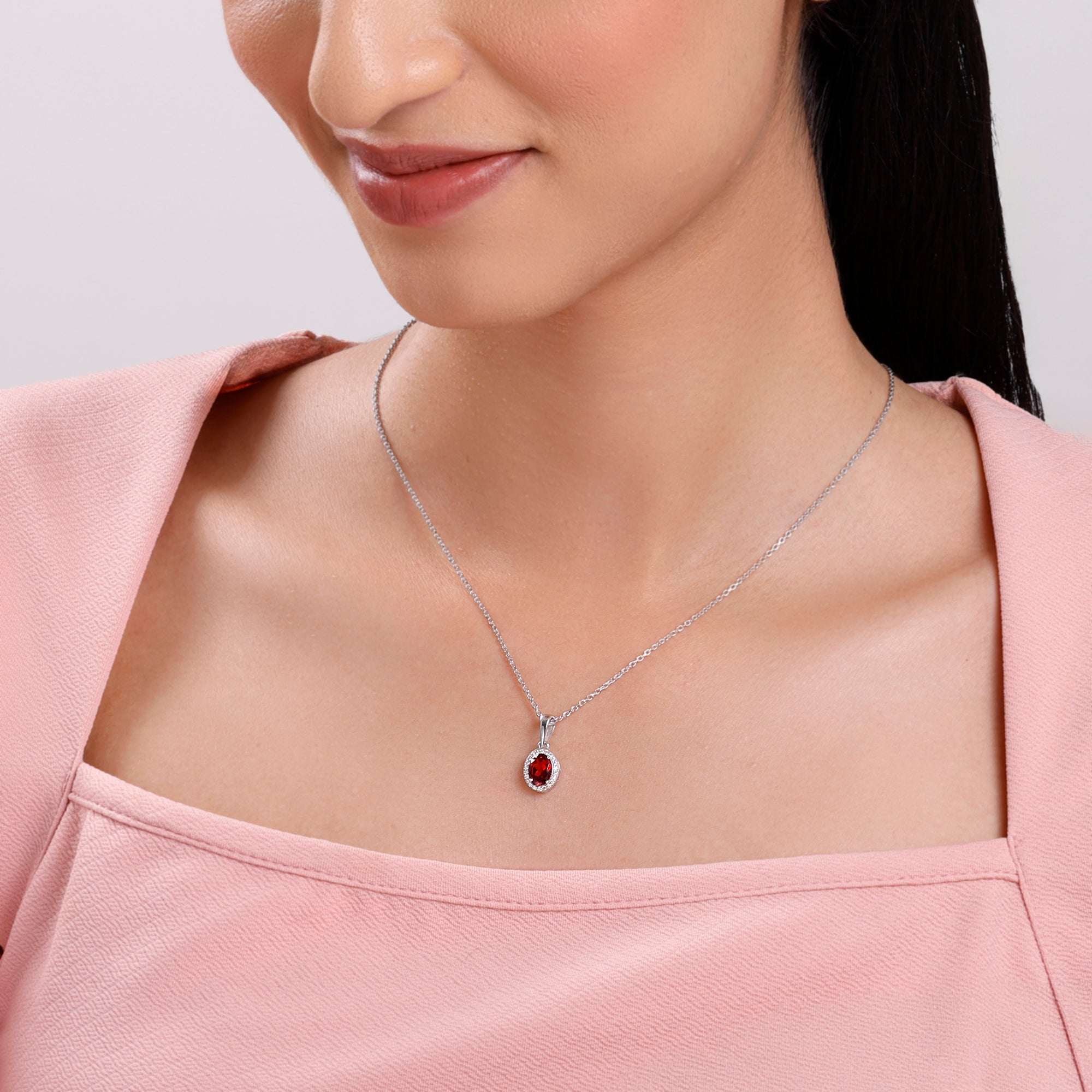 Silver Garnet Glimmer Pendant With Link Chain