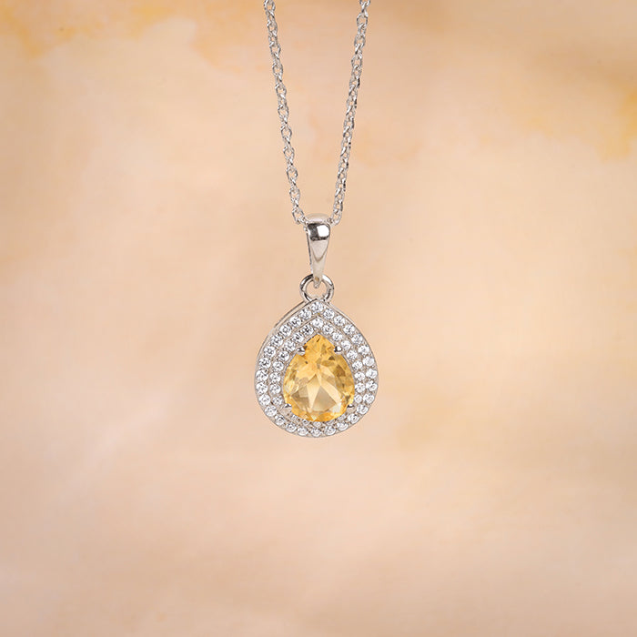 Silver Citrine Drop Pendant With Link Chain