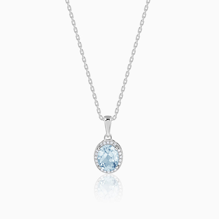 Silver Halo Blue Topaz Pendant With Link Chain