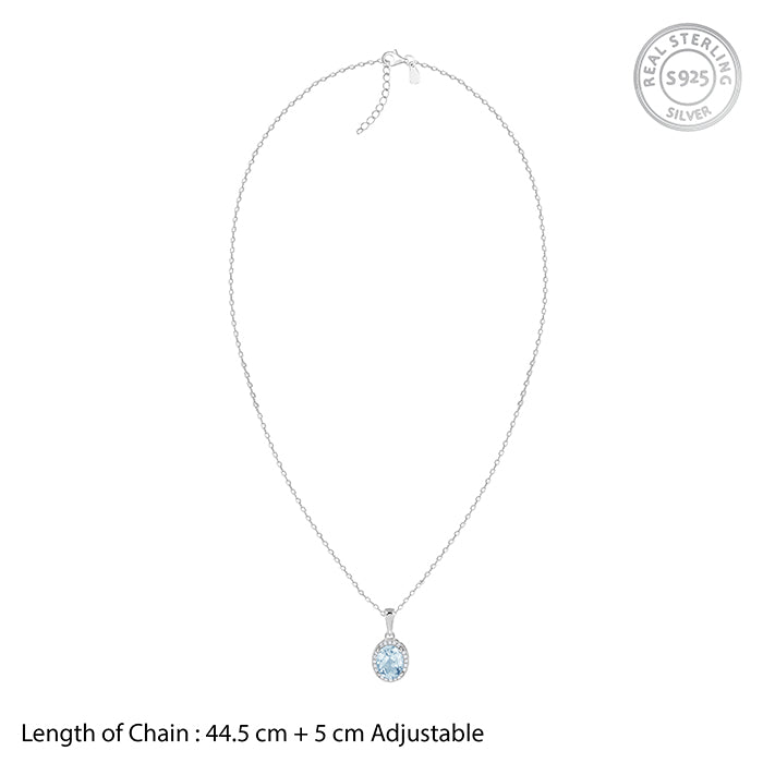 Silver Halo Blue Topaz Pendant With Link Chain