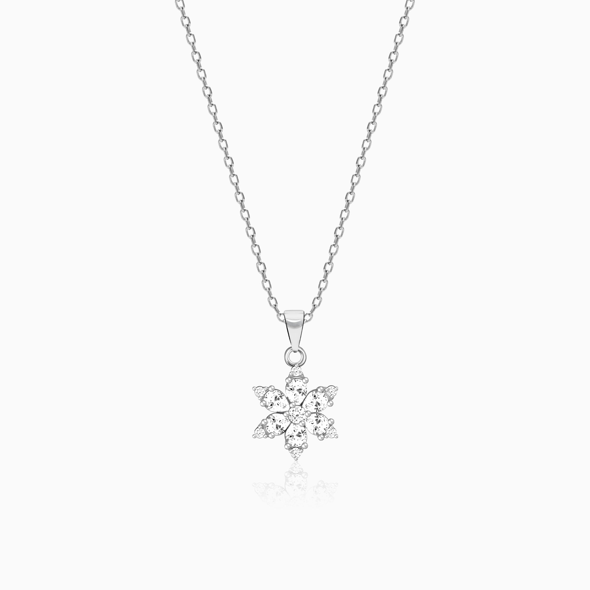 Silver Flowery Snowflake Pendant With Link Chain