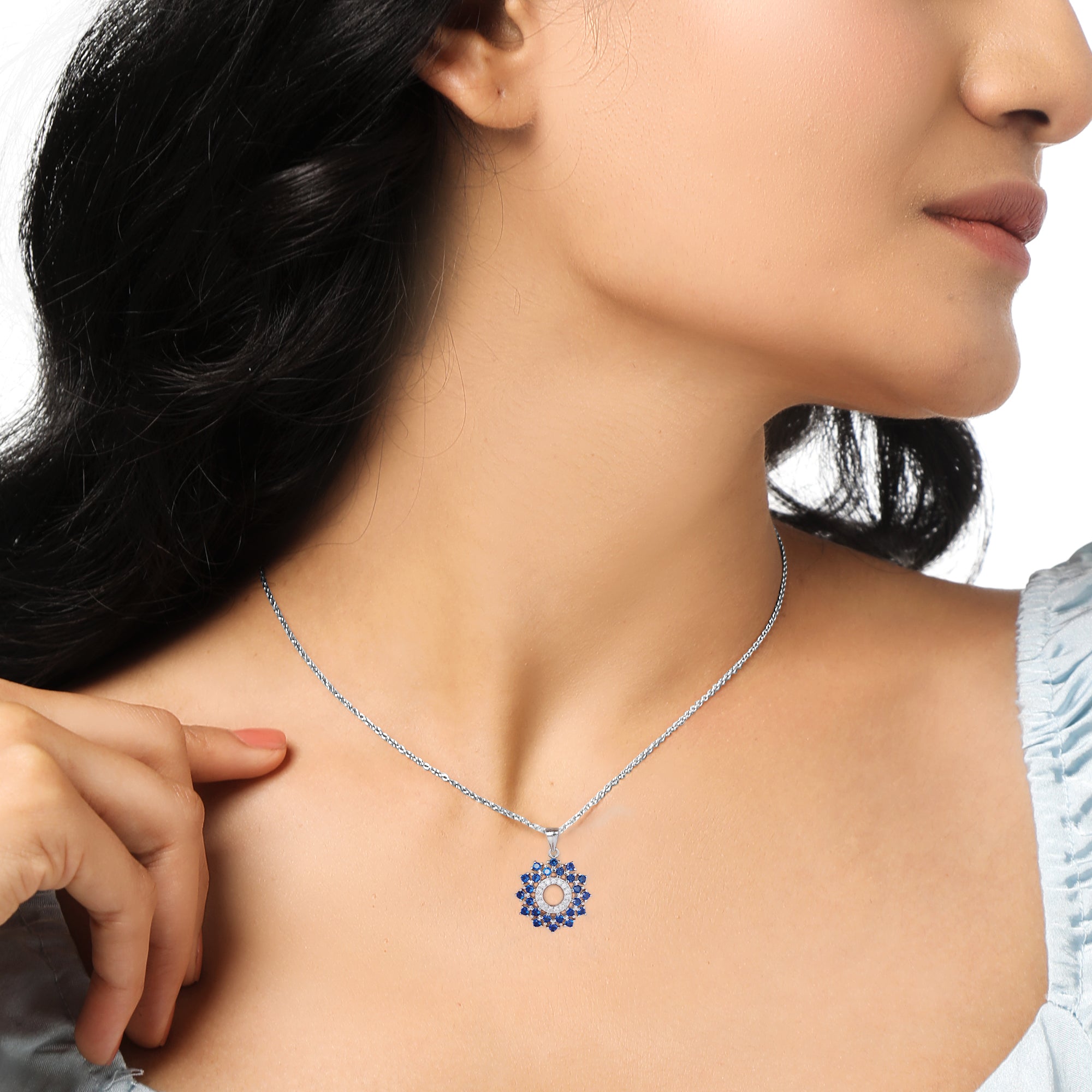 Radiant Blue Flower Pendant With Link Chain