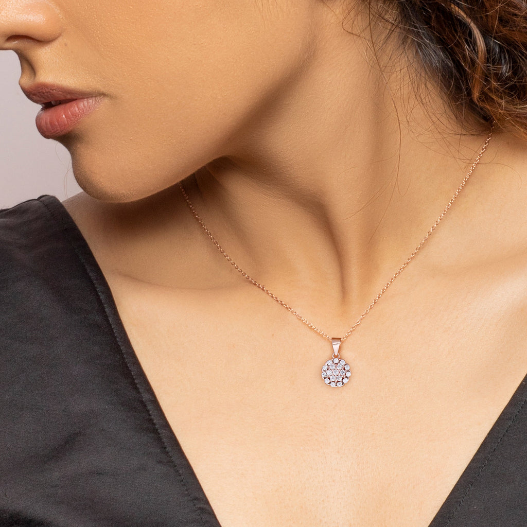 Rose Gold Zircon Flower Pendant With Link Chain