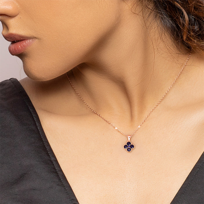 Rose Gold Blue Clover Pendant with Link Chain