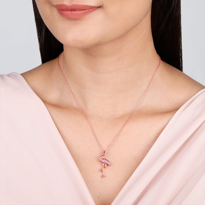 Rose Gold Zircon Flamingo Pendant with Link Chain