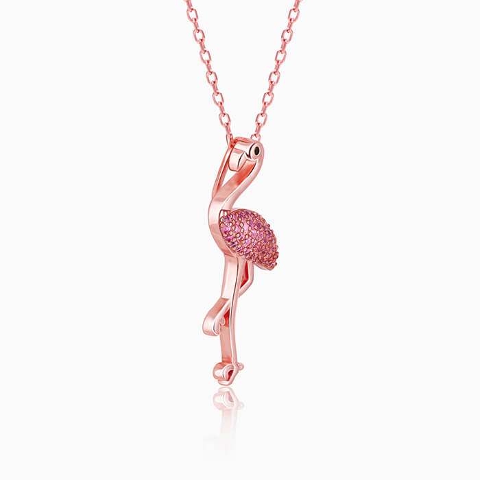 Rose Gold Zircon Flamingo Pendant with Link Chain